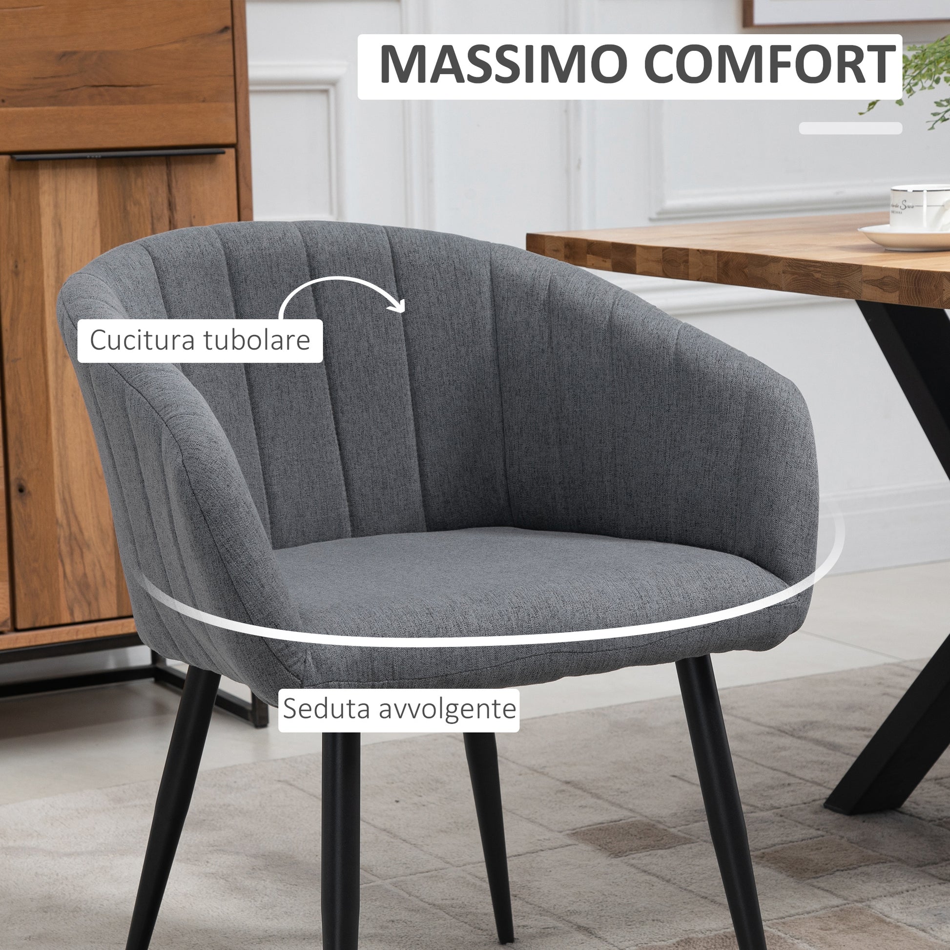 Set of 2 Modern Upholstered Chairs with Fabric Upholstery, Chairs for Living Room and Lounge with Metal Legs, Dark Gray