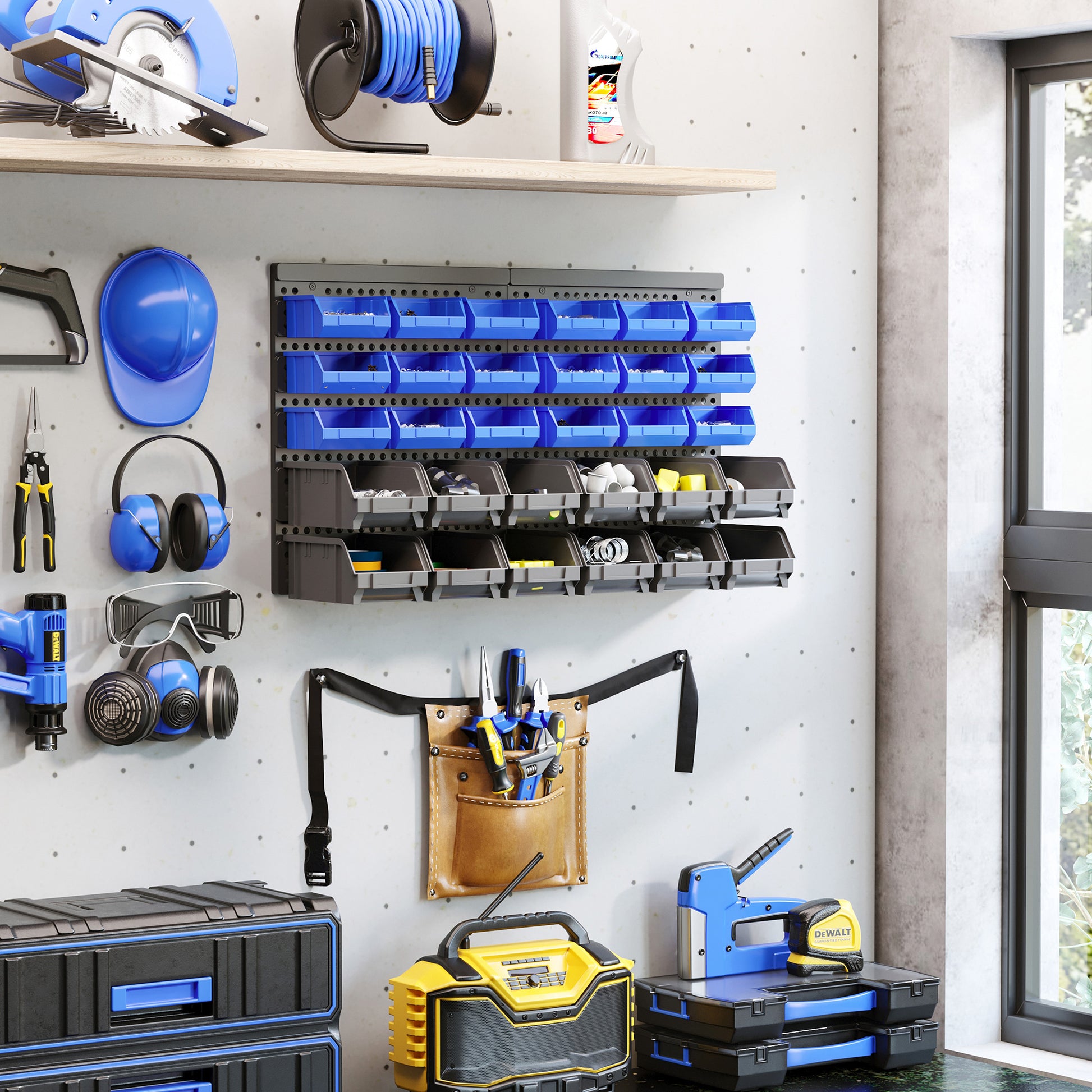 Storage System Wall Shelf 37.5 x 63 cm, Visible Storage Boxes, 30-Piece Boxes in 2 Sizes, Tool Holders, Workshop Wall Shelf for Screws, Workshop