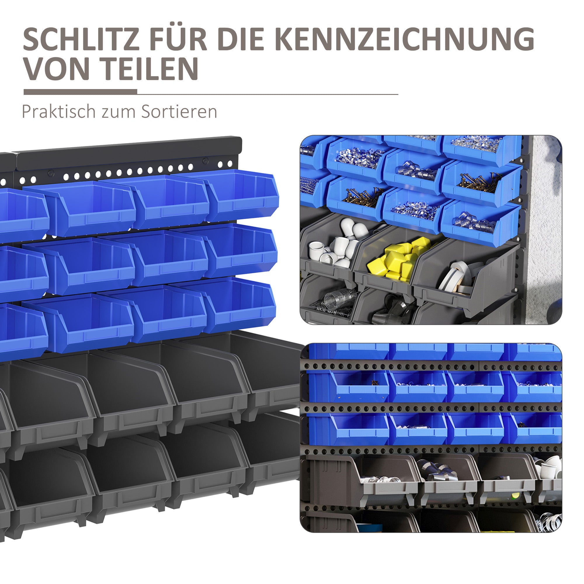 Storage System Wall Shelf 37.5 x 63 cm, Visible Storage Boxes, 30-Piece Boxes in 2 Sizes, Tool Holders, Workshop Wall Shelf for Screws, Workshop