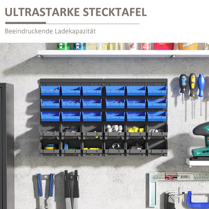 Storage System Wall Shelf 37.5 x 63 cm, Visible Storage Boxes, 30-Piece Boxes in 2 Sizes, Tool Holders, Workshop Wall Shelf for Screws, Workshop