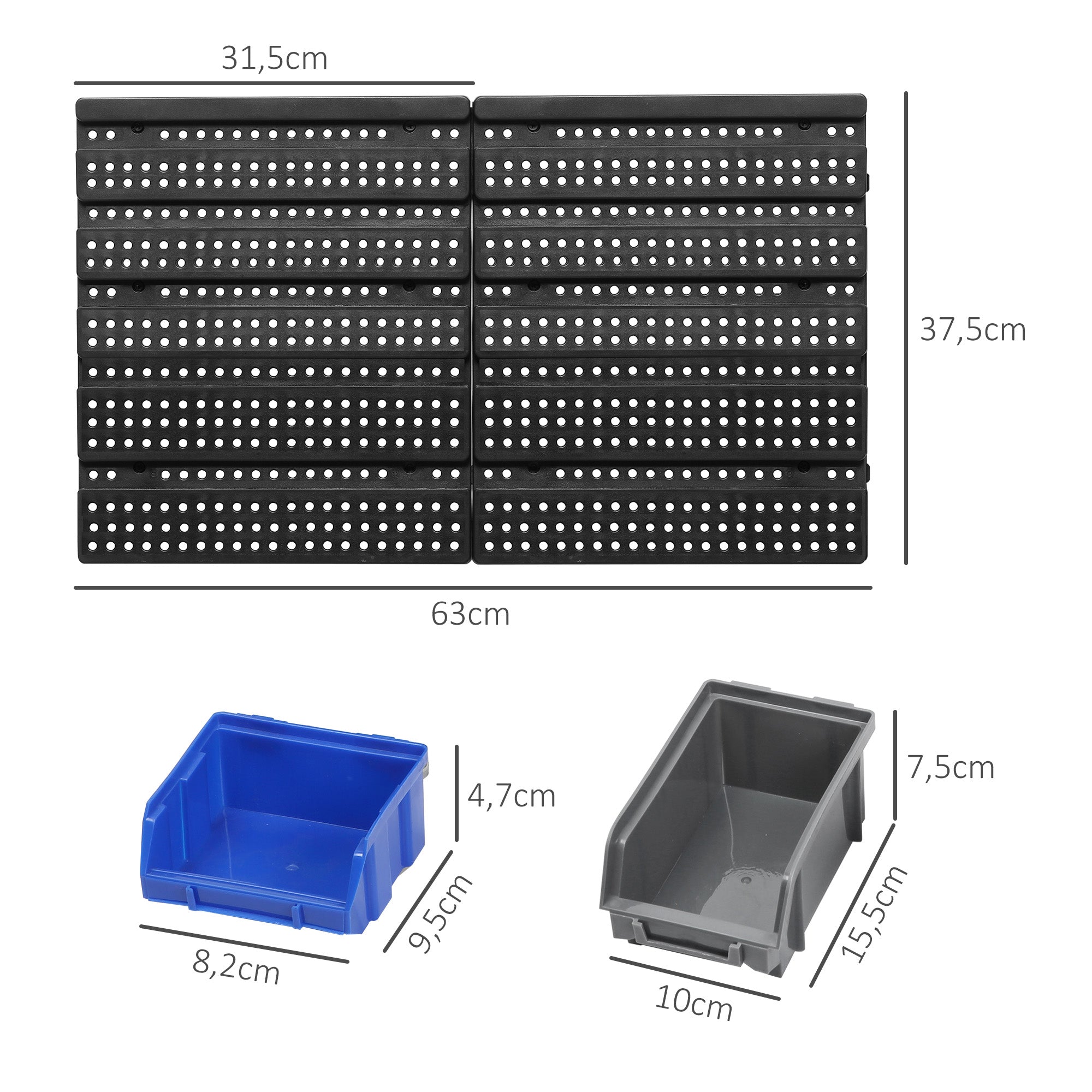 Storage System Wall Shelf 37.5 x 63 cm, Visible Storage Boxes, 30-Piece Boxes in 2 Sizes, Tool Holders, Workshop Wall Shelf for Screws, Workshop