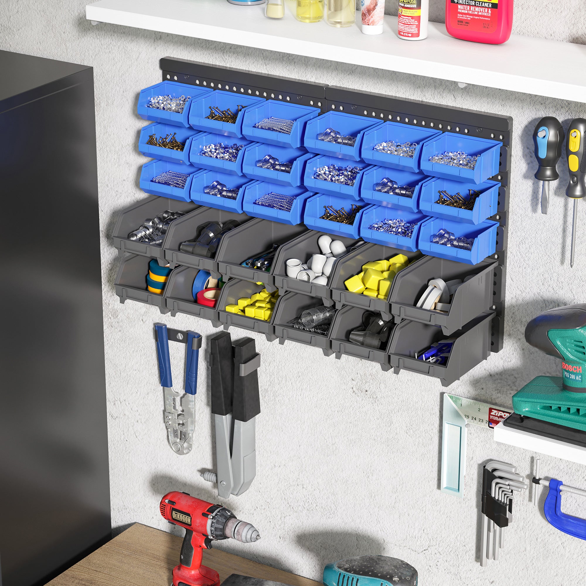 Storage System Wall Shelf 37.5 x 63 cm, Visible Storage Boxes, 30-Piece Boxes in 2 Sizes, Tool Holders, Workshop Wall Shelf for Screws, Workshop