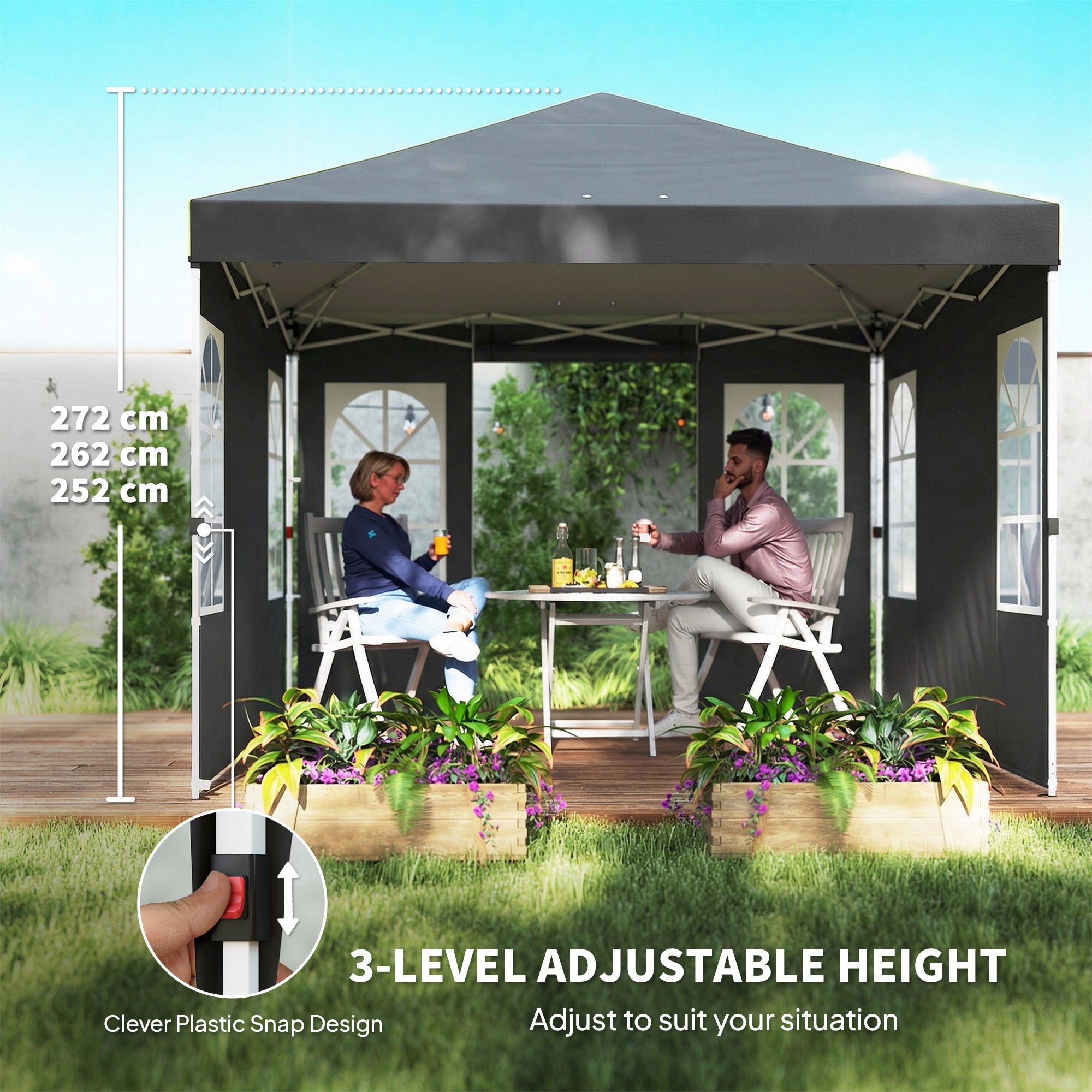 10' x 10' Waterproof Pop-Up Canopy — Foldable Garden Party Tent, Winter-Resistant, Quick-Button Setup, UV50+, Includes Sidewalls & Stability Kit