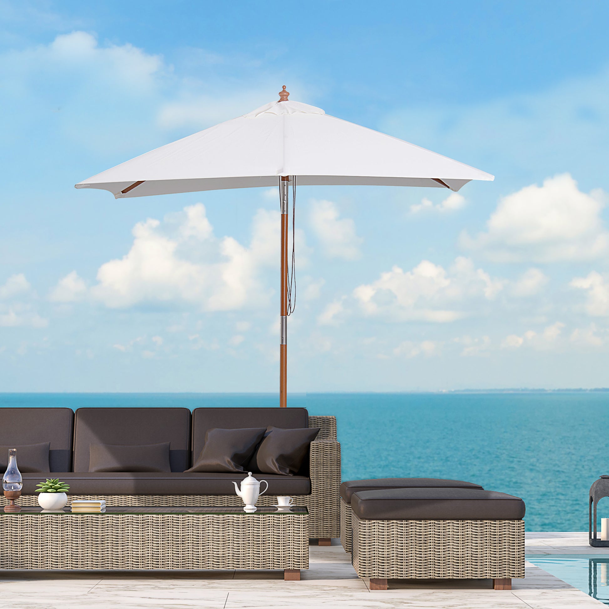 Sun Umbrella 200 x 150 x 235 cm Tiltable Garden Parasol 3-Stage Adjustable Rectangular Beach Umbrella Water-Repellent and UV-Resistant for Beach Balcony Terrace Garden Cream
