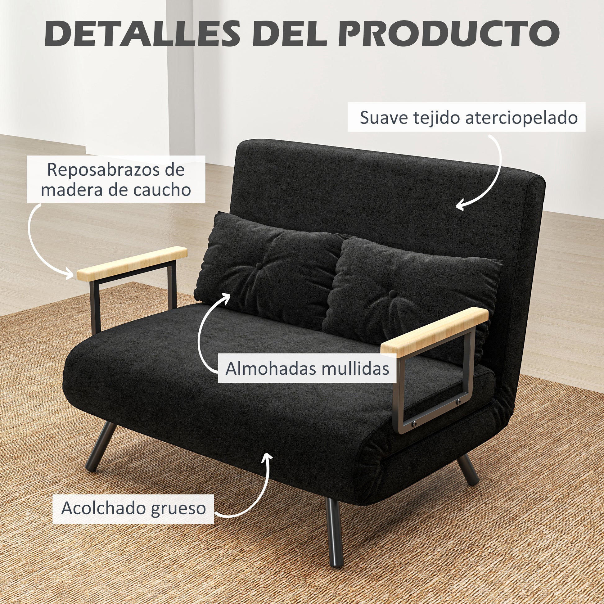 2-Seater Sofa Bed Foldable Upholstered in Velvet with 5 Adjustable Backrest Levels and Padded Pillows for Office Bedroom Living Room 102x73x81 cm Black