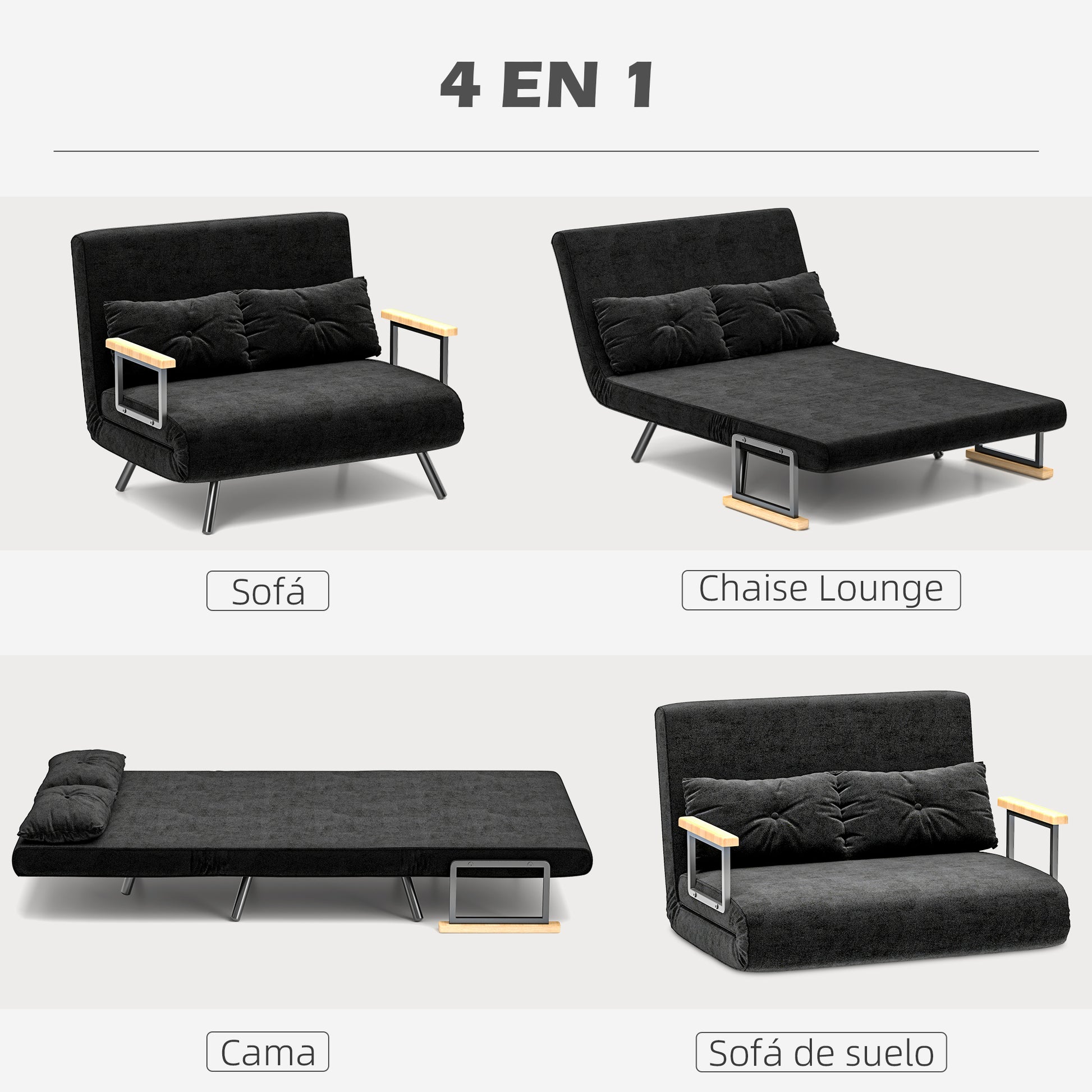 2-Seater Sofa Bed Foldable Upholstered in Velvet with 5 Adjustable Backrest Levels and Padded Pillows for Office Bedroom Living Room 102x73x81 cm Black