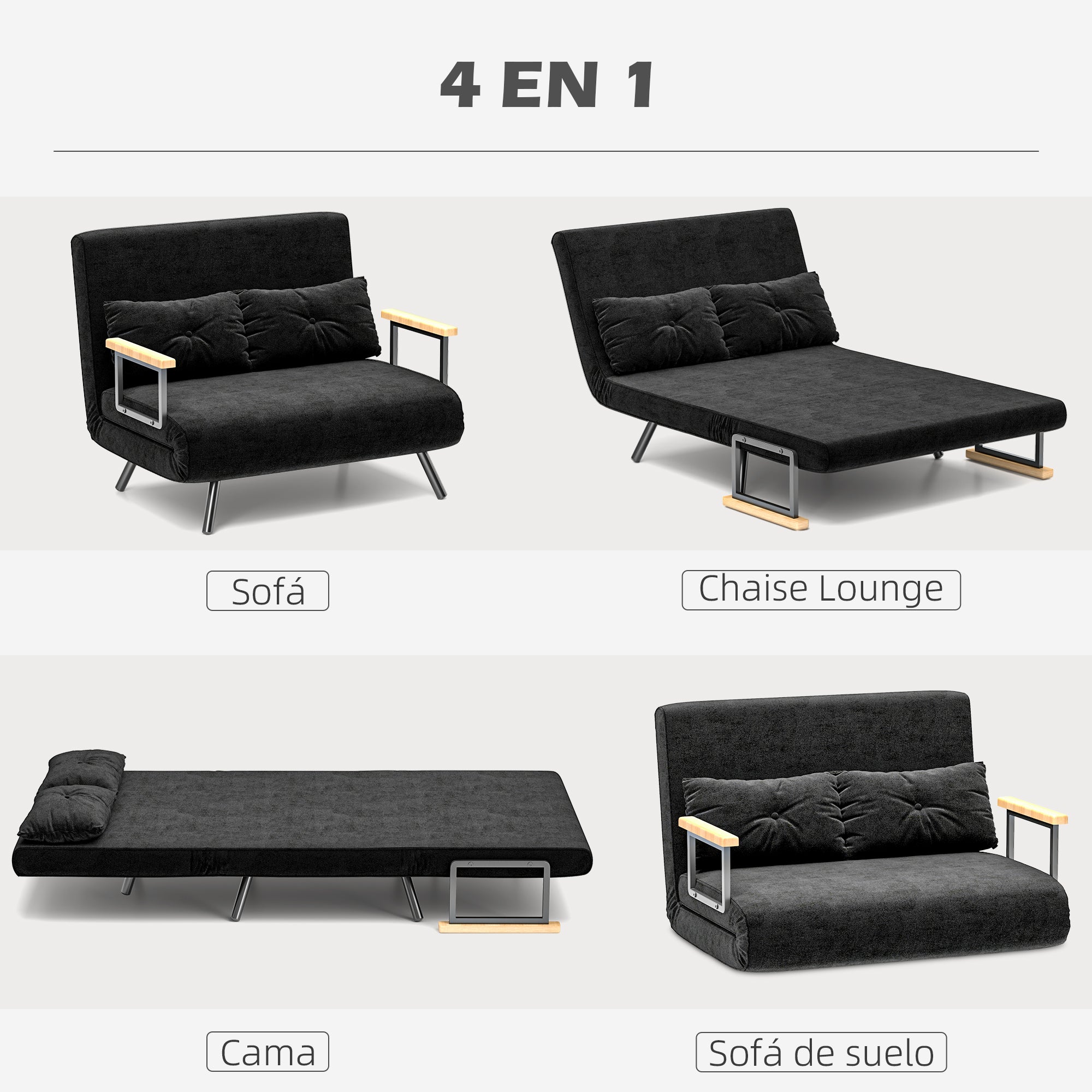 2-Seater Sofa Bed Foldable Upholstered in Velvet with 5 Adjustable Backrest Levels and Padded Pillows for Office Bedroom Living Room 102x73x81 cm Black