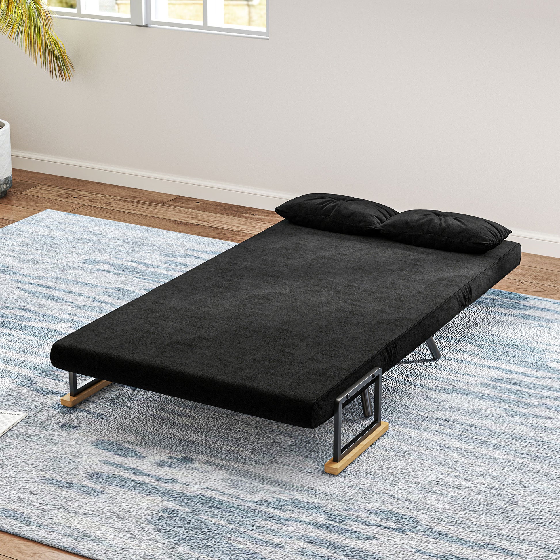 2-Seater Sofa Bed Foldable Upholstered in Velvet with 5 Adjustable Backrest Levels and Padded Pillows for Office Bedroom Living Room 102x73x81 cm Black
