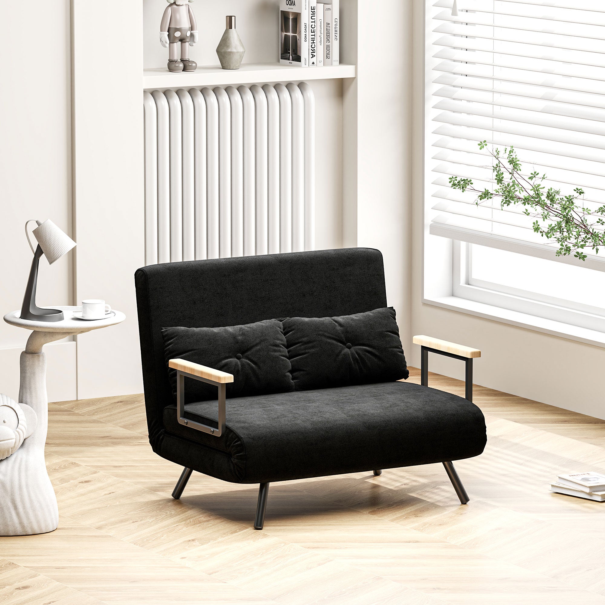 2-Seater Sofa Bed Foldable Upholstered in Velvet with 5 Adjustable Backrest Levels and Padded Pillows for Office Bedroom Living Room 102x73x81 cm Black