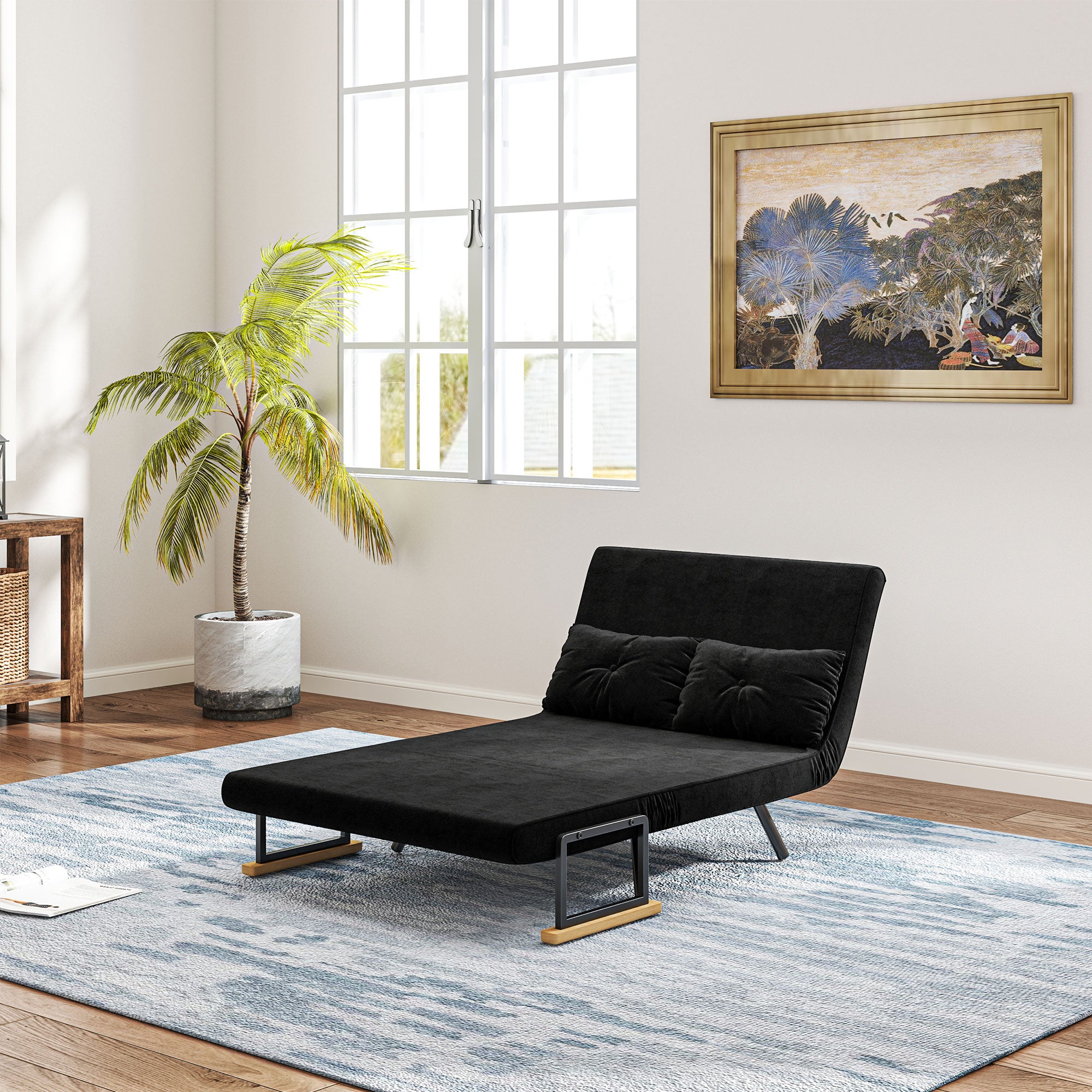2-Seater Sofa Bed Foldable Upholstered in Velvet with 5 Adjustable Backrest Levels and Padded Pillows for Office Bedroom Living Room 102x73x81 cm Black