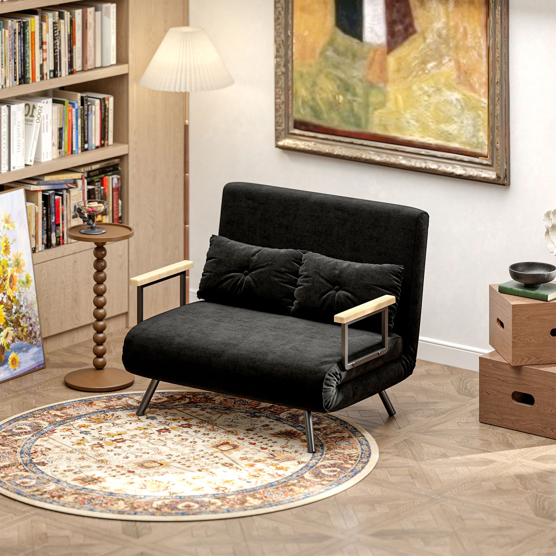 2-Seater Sofa Bed Foldable Upholstered in Velvet with 5 Adjustable Backrest Levels and Padded Pillows for Office Bedroom Living Room 102x73x81 cm Black