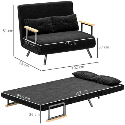 2-Seater Sofa Bed Foldable Upholstered in Velvet with 5 Adjustable Backrest Levels and Padded Pillows for Office Bedroom Living Room 102x73x81 cm Black