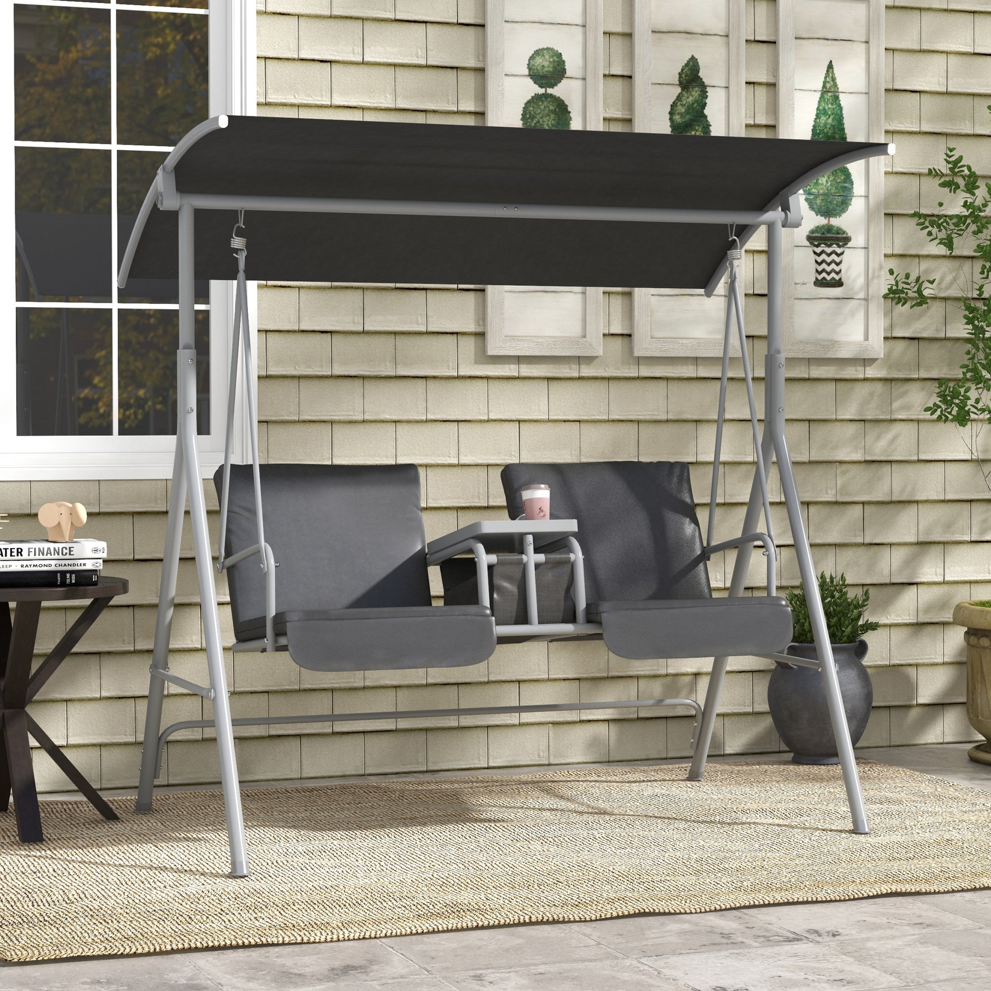 Hollywood Swing 2-Seater Swing Bench with Canopy, Tray, Garden Swing with Bag, Holds up to 180 kg, for Garden, Balcony, Black