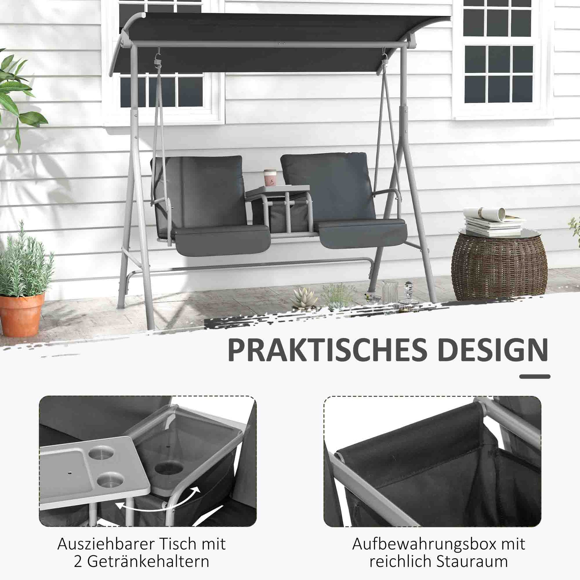 Hollywood Swing 2-Seater Swing Bench with Canopy, Tray, Garden Swing with Bag, Holds up to 180 kg, for Garden, Balcony, Black