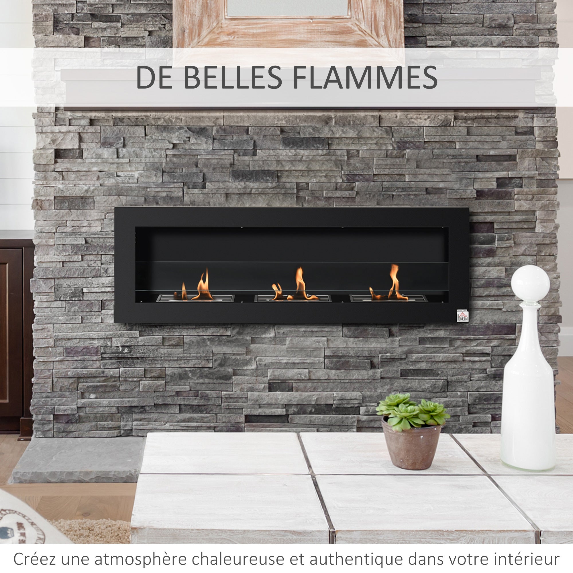 Wall-Mounted Built-in Bioethanol Fireplace with 3 Burners 3 L total, approximately 3 hours burning time, dims. 120L x 15W x 40H cm, black stainless steel