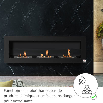 Wall-Mounted Built-in Bioethanol Fireplace with 3 Burners 3 L total, approximately 3 hours burning time, dims. 120L x 15W x 40H cm, black stainless steel