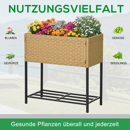 Poly Rattan Raised Garden Bed Planter with Legs Rattan Flower Box Flower Pot with Shelf Sand 70 x 30 x 72 cm