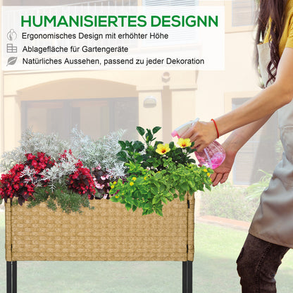 Poly Rattan Raised Garden Bed Planter with Legs Rattan Flower Box Flower Pot with Shelf Sand 70 x 30 x 72 cm