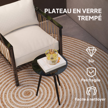 Small Round Coffee Table, Side Table, Tempered Glass Top, Tapered Legs, Steel Frame, Table for Balcony, Garden, Patio, Living Room, Black