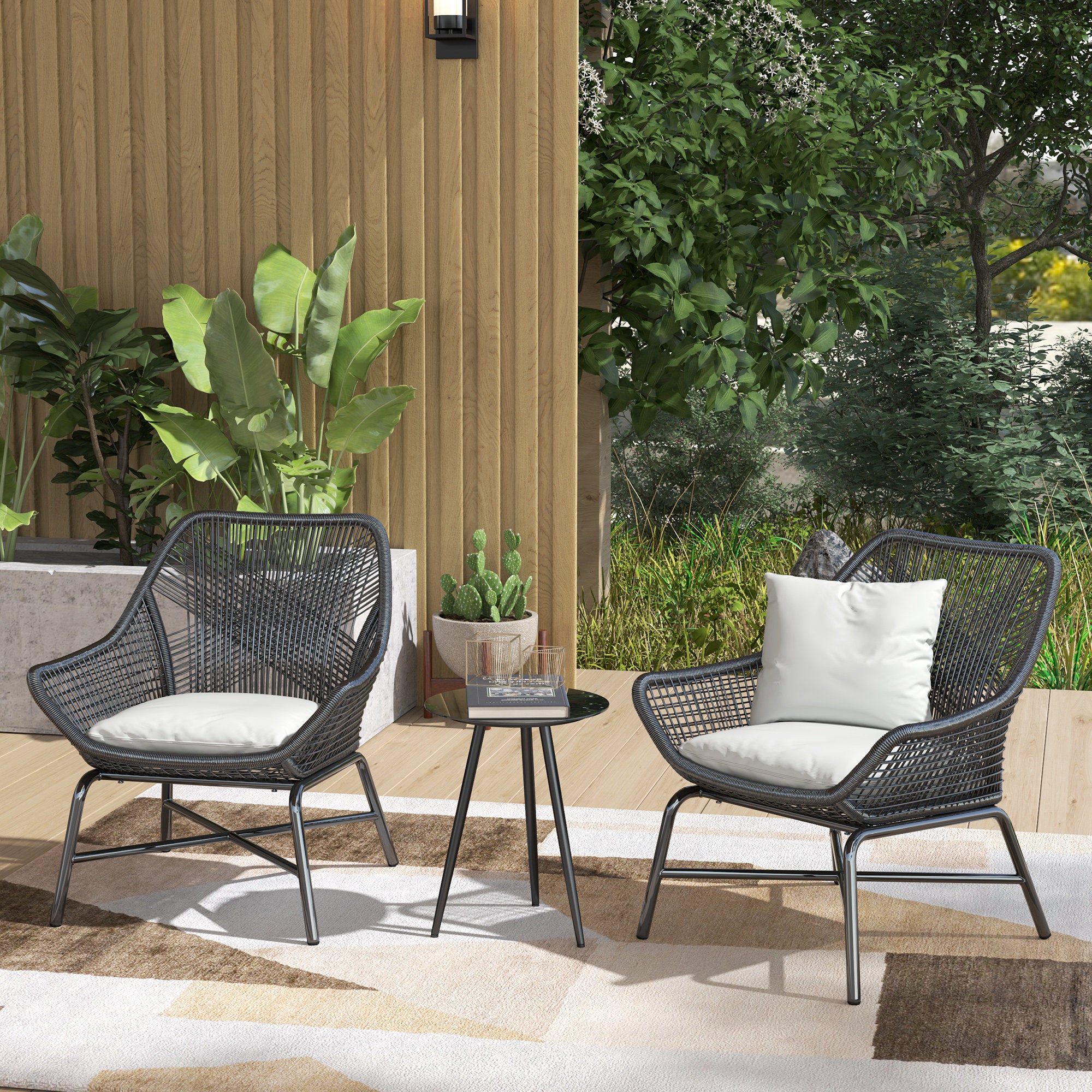 Small Round Coffee Table, Side Table, Tempered Glass Top, Tapered Legs, Steel Frame, Table for Balcony, Garden, Patio, Living Room, Black