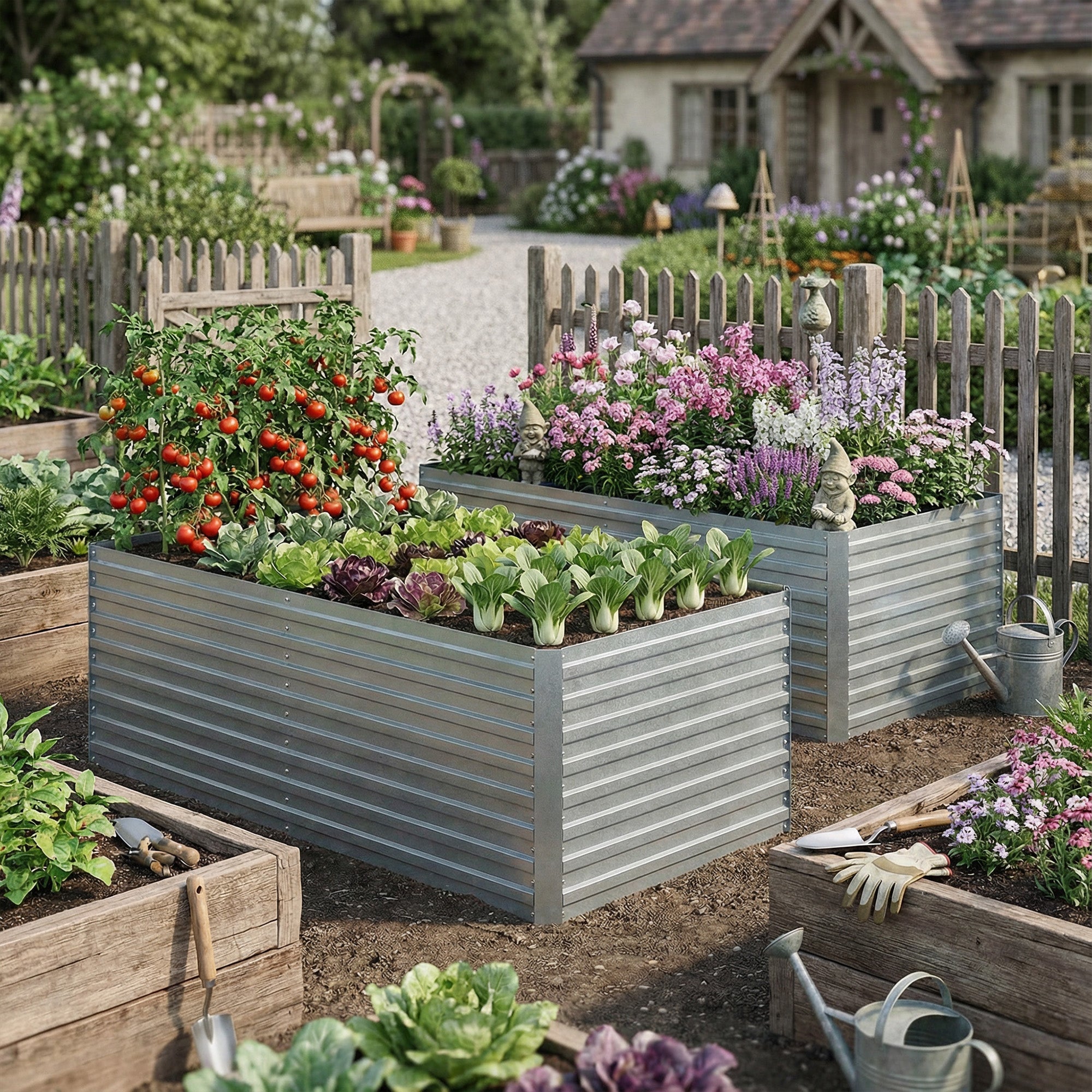Galvanized Steel Raised Bed 2-Pack 180 x 90 x 60 cm (71 x 35 x 24 in) — Rectangular Deep Planters with Support Rods, Open Bottom, Gloves, Raised Bed Kit for Vegetables, Fruit, Flowers, Herbs — Silver