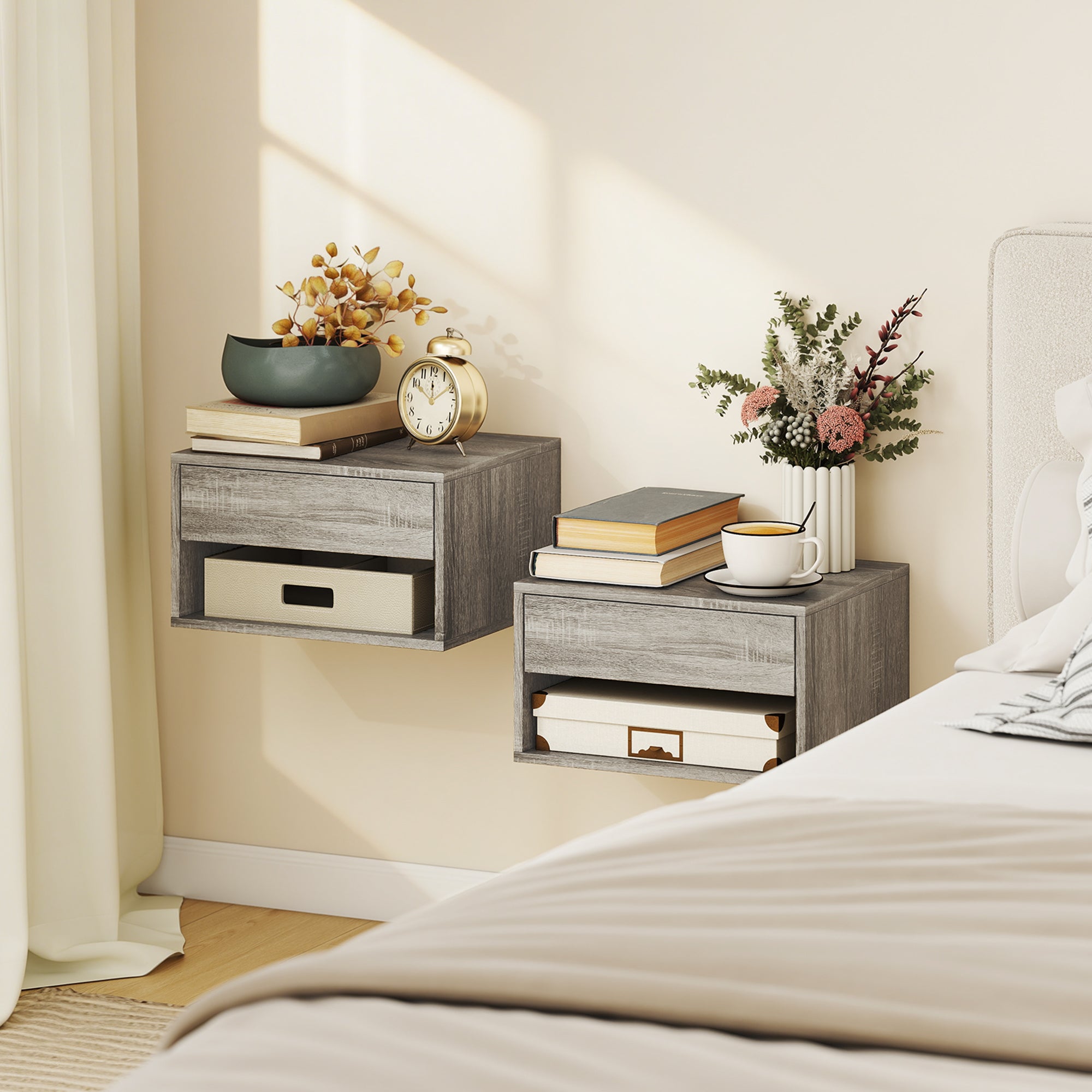 Set of 2 Floating Wall Nightstands with Sliding Drawer & Open Shelf, Modern Gray — 14.6 x 12.6 x 8.3 in
