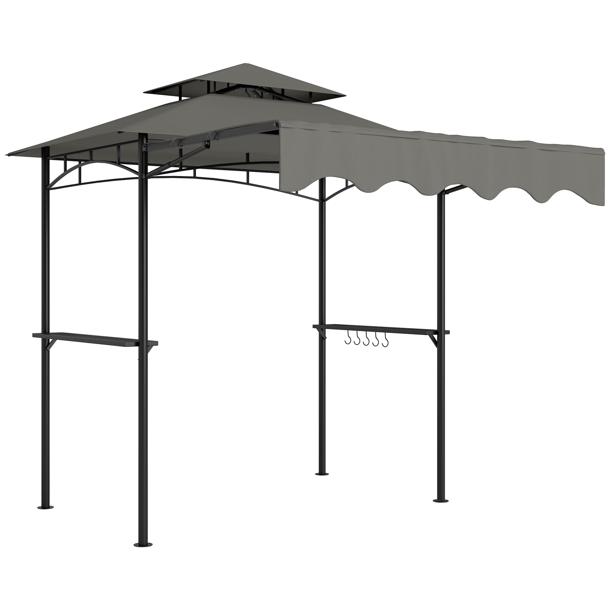 BBQ Gazebo 242 x 149 x 248 cm (95.3" x 58.7" x 97.6") — Water-Resistant, Flame-Retardant Double-Layer Roof, Side Shelves, UV30+, Gray