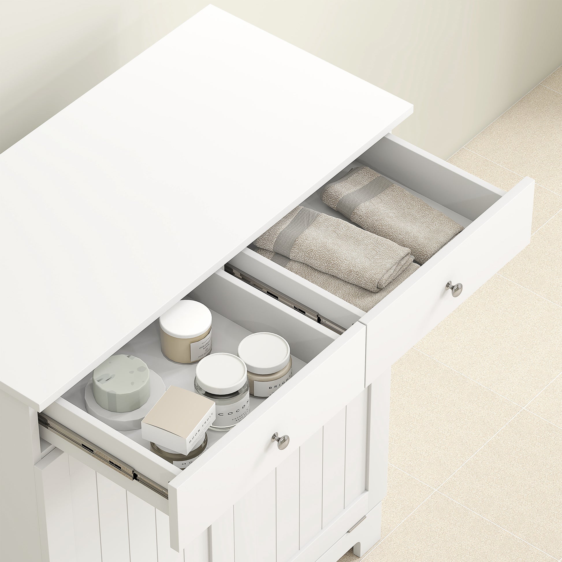 Bathroom Laundry Mobile with 2 Flip Doors and Dirty Laundry Baskets, Laundry Cabinet Wooden Mobile with 2 Drawers and Foldable Bags for Laundry, 78x38x90 cm, White