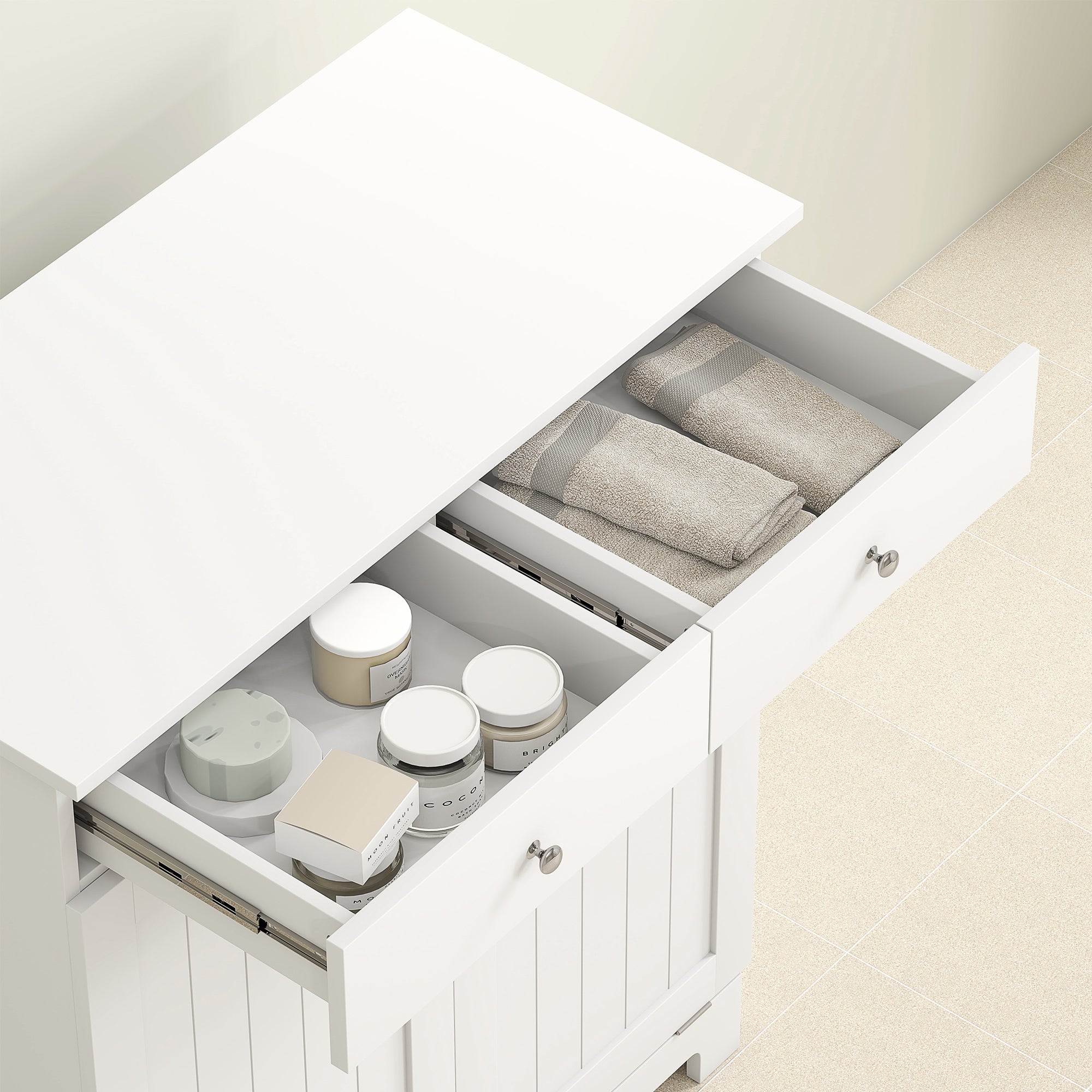 Bathroom Laundry Mobile with 2 Flip Doors and Dirty Laundry Baskets, Laundry Cabinet Wooden Mobile with 2 Drawers and Foldable Bags for Laundry, 78x38x90 cm, White