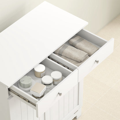 Bathroom Laundry Mobile with 2 Flip Doors and Dirty Laundry Baskets, Laundry Cabinet Wooden Mobile with 2 Drawers and Foldable Bags for Laundry, 78x38x90 cm, White