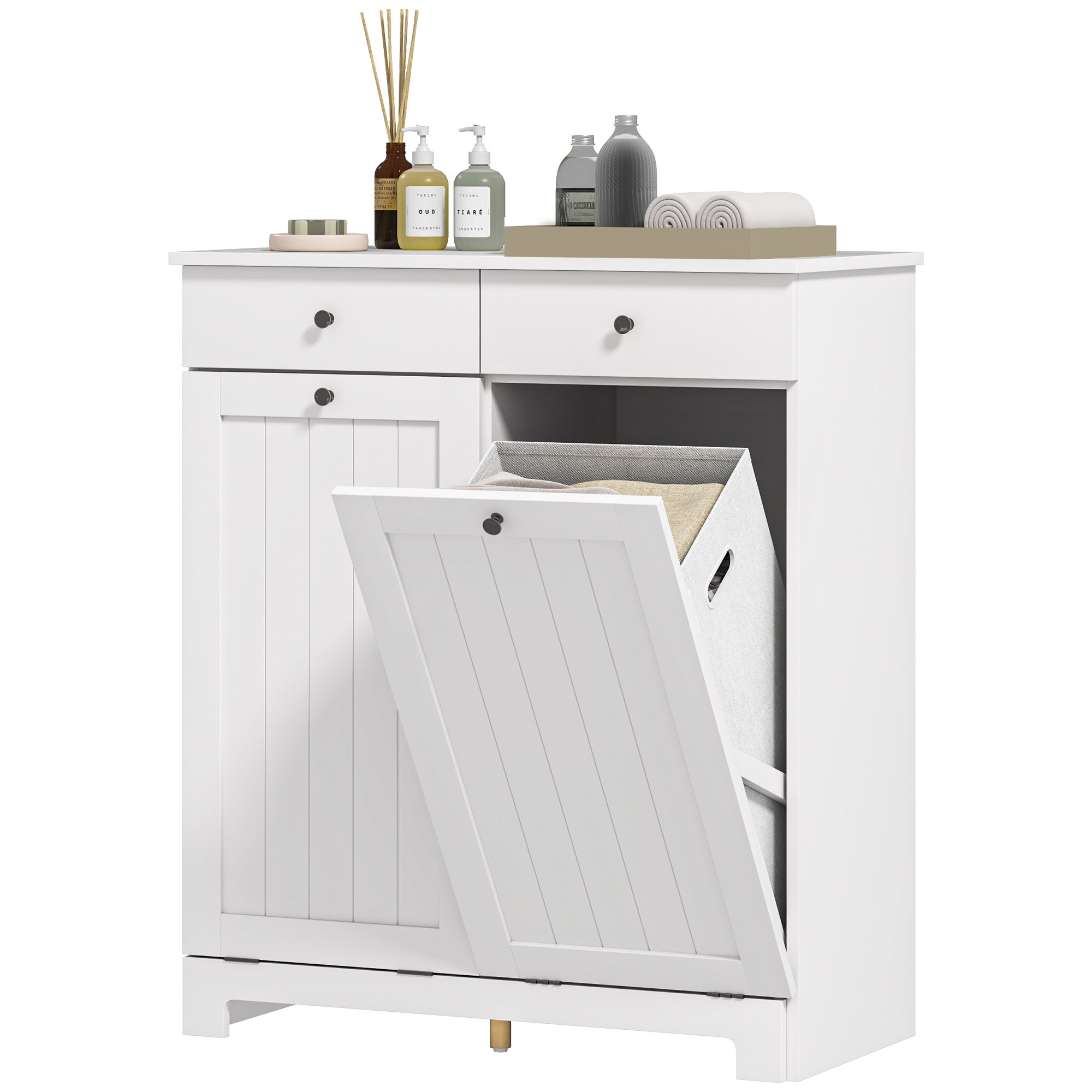 Bathroom Laundry Mobile with 2 Flip Doors and Dirty Laundry Baskets, Laundry Cabinet Wooden Mobile with 2 Drawers and Foldable Bags for Laundry, 78x38x90 cm, White