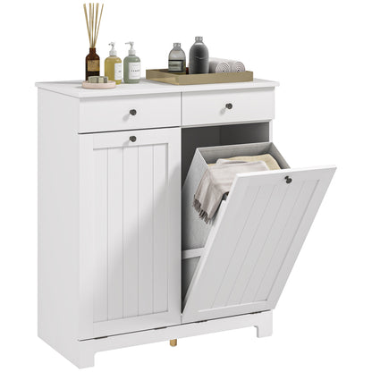 Bathroom Laundry Mobile with 2 Flip Doors and Dirty Laundry Baskets, Laundry Cabinet Wooden Mobile with 2 Drawers and Foldable Bags for Laundry, 78x38x90 cm, White