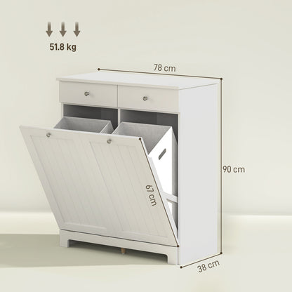 Bathroom Laundry Mobile with 2 Flip Doors and Dirty Laundry Baskets, Laundry Cabinet Wooden Mobile with 2 Drawers and Foldable Bags for Laundry, 78x38x90 cm, White