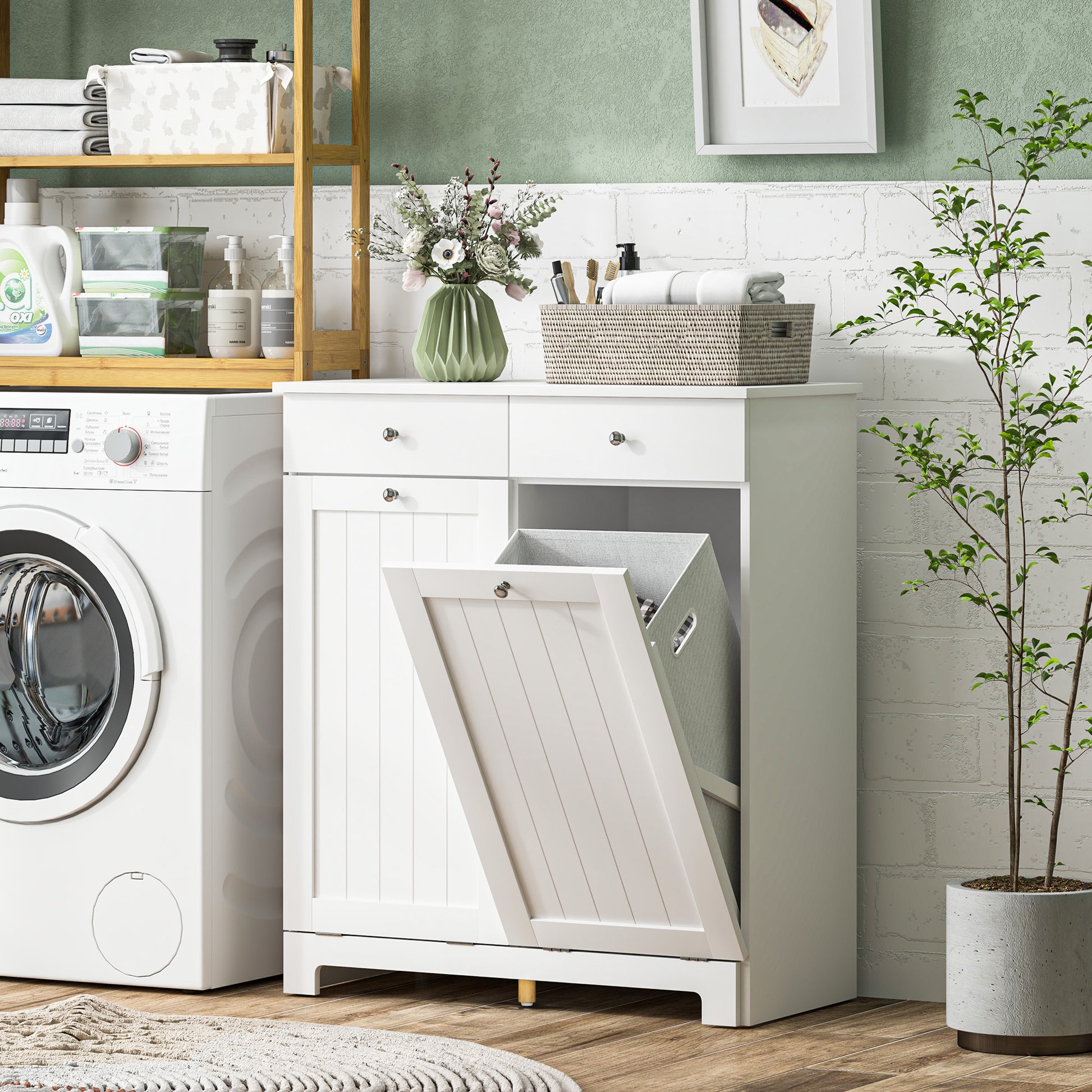 Bathroom Laundry Mobile with 2 Flip Doors and Dirty Laundry Baskets, Laundry Cabinet Wooden Mobile with 2 Drawers and Foldable Bags for Laundry, 78x38x90 cm, White