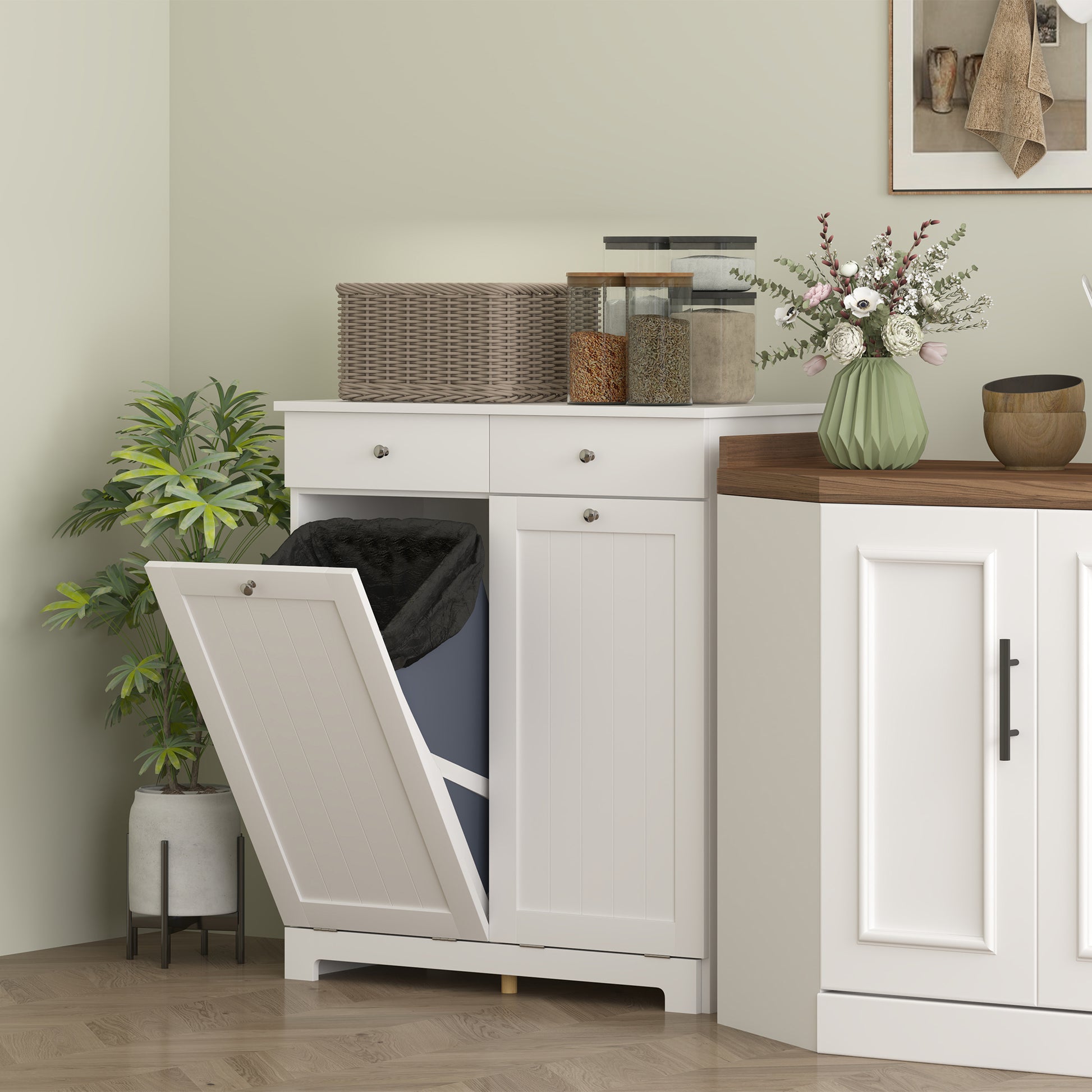 Bathroom Laundry Mobile with 2 Flip Doors and Dirty Laundry Baskets, Laundry Cabinet Wooden Mobile with 2 Drawers and Foldable Bags for Laundry, 78x38x90 cm, White