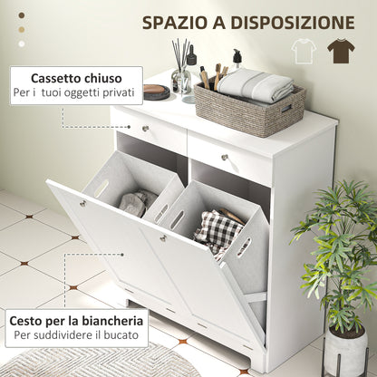 Bathroom Laundry Mobile with 2 Flip Doors and Dirty Laundry Baskets, Laundry Cabinet Wooden Mobile with 2 Drawers and Foldable Bags for Laundry, 78x38x90 cm, White