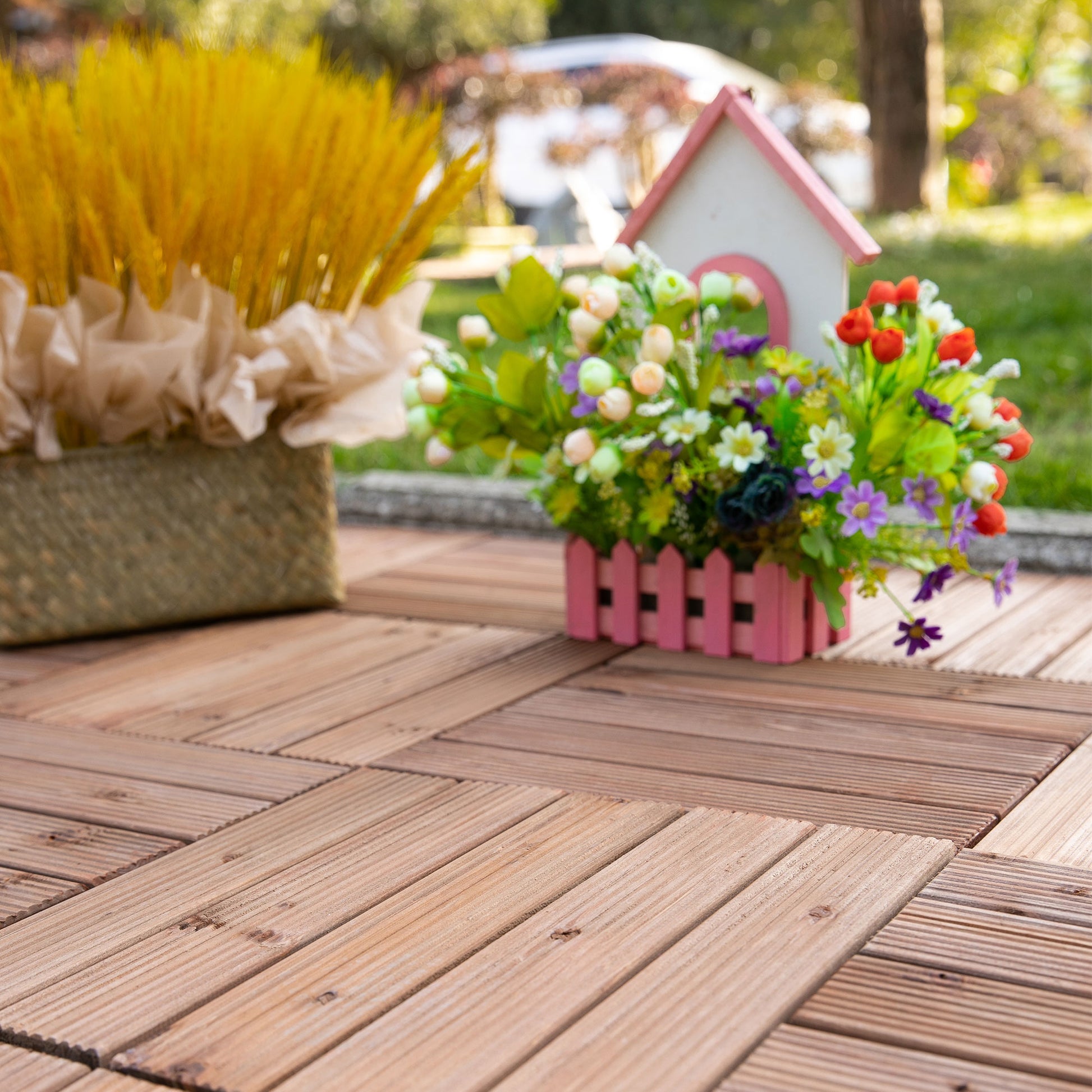 Outdoor Wood Garden Floor Tiles, Set of 27 Pieces, 2.5m², Interlocking Assembly, 30x30cm, Brown