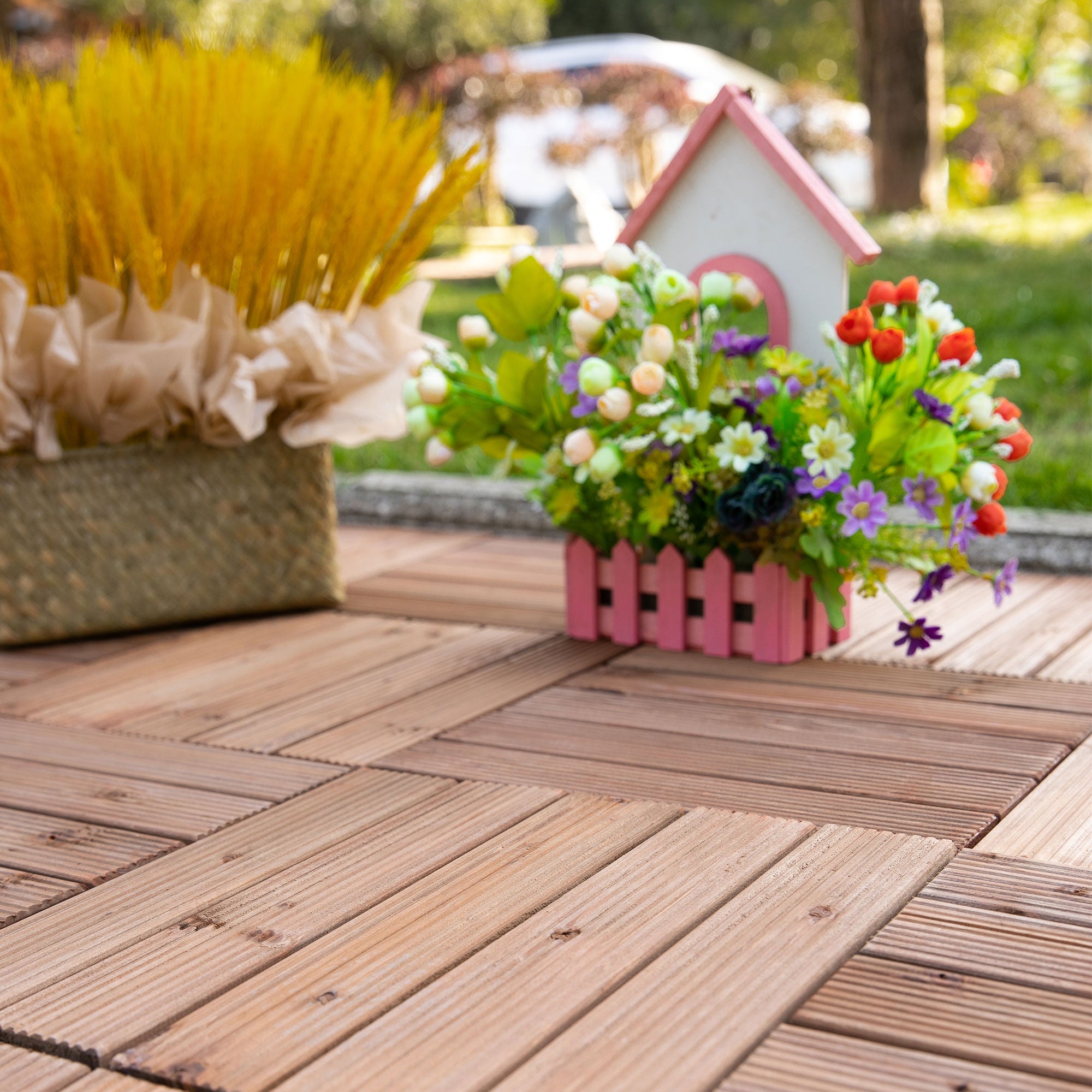 Outdoor Wood Garden Floor Tiles, Set of 27 Pieces, 2.5m², Interlocking Assembly, 30x30cm, Brown
