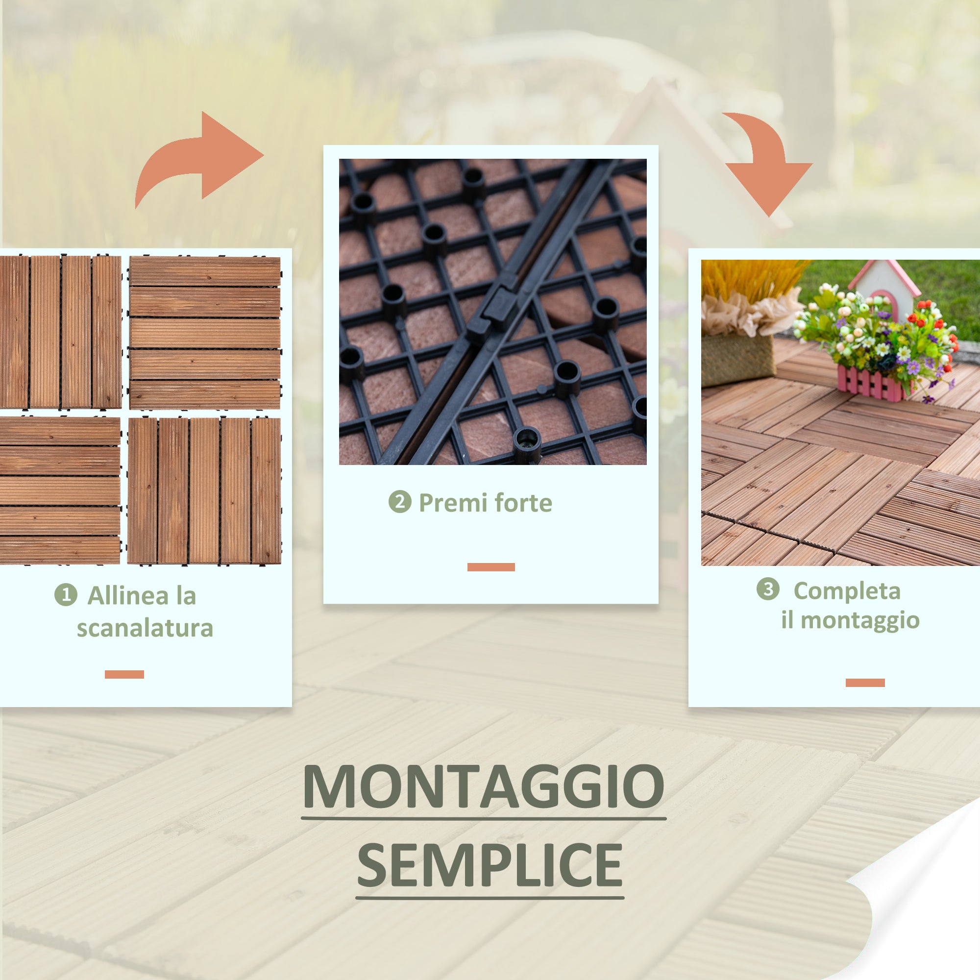 Outdoor Wood Garden Floor Tiles, Set of 27 Pieces, 2.5m², Interlocking Assembly, 30x30cm, Brown