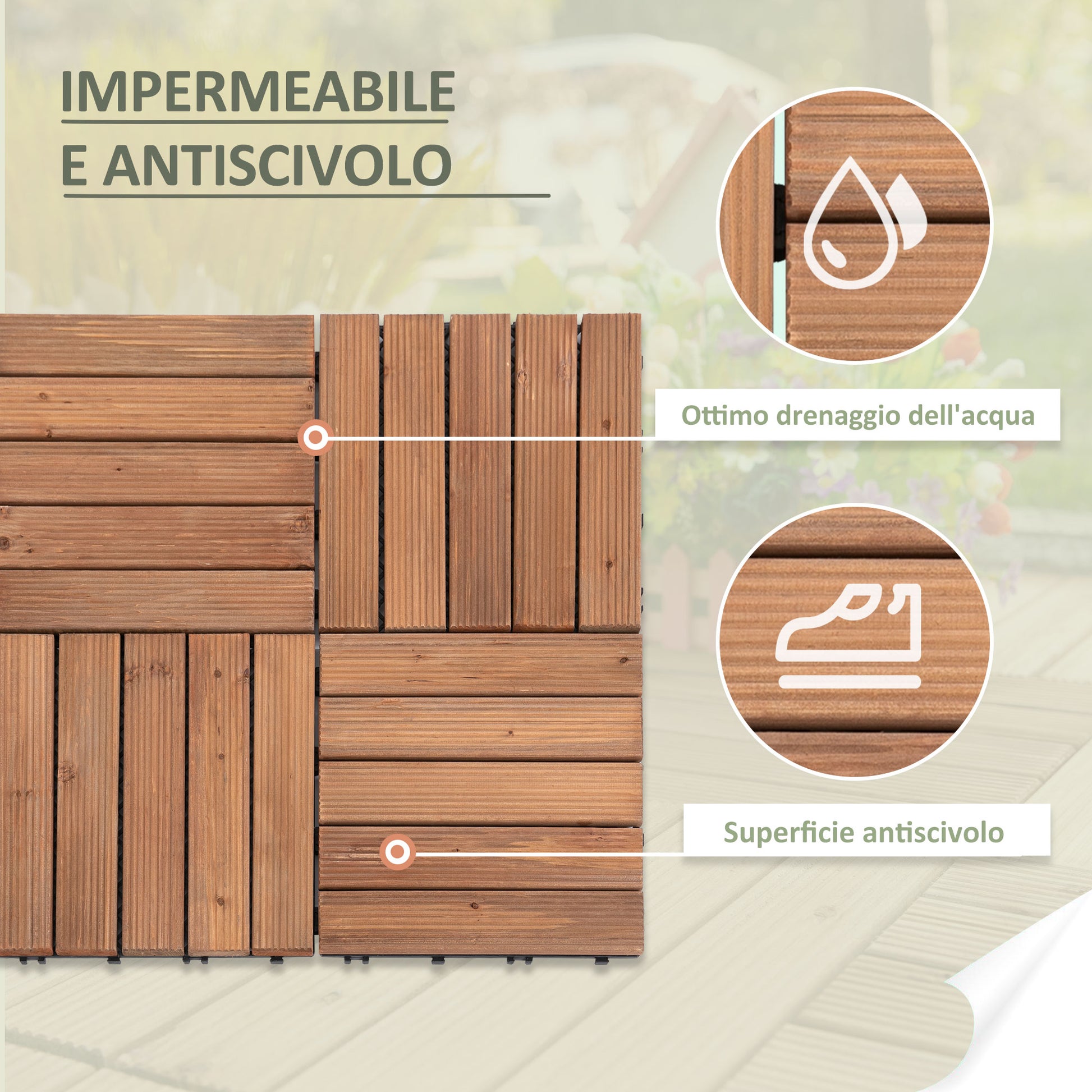 Outdoor Wood Garden Floor Tiles, Set of 27 Pieces, 2.5m², Interlocking Assembly, 30x30cm, Brown