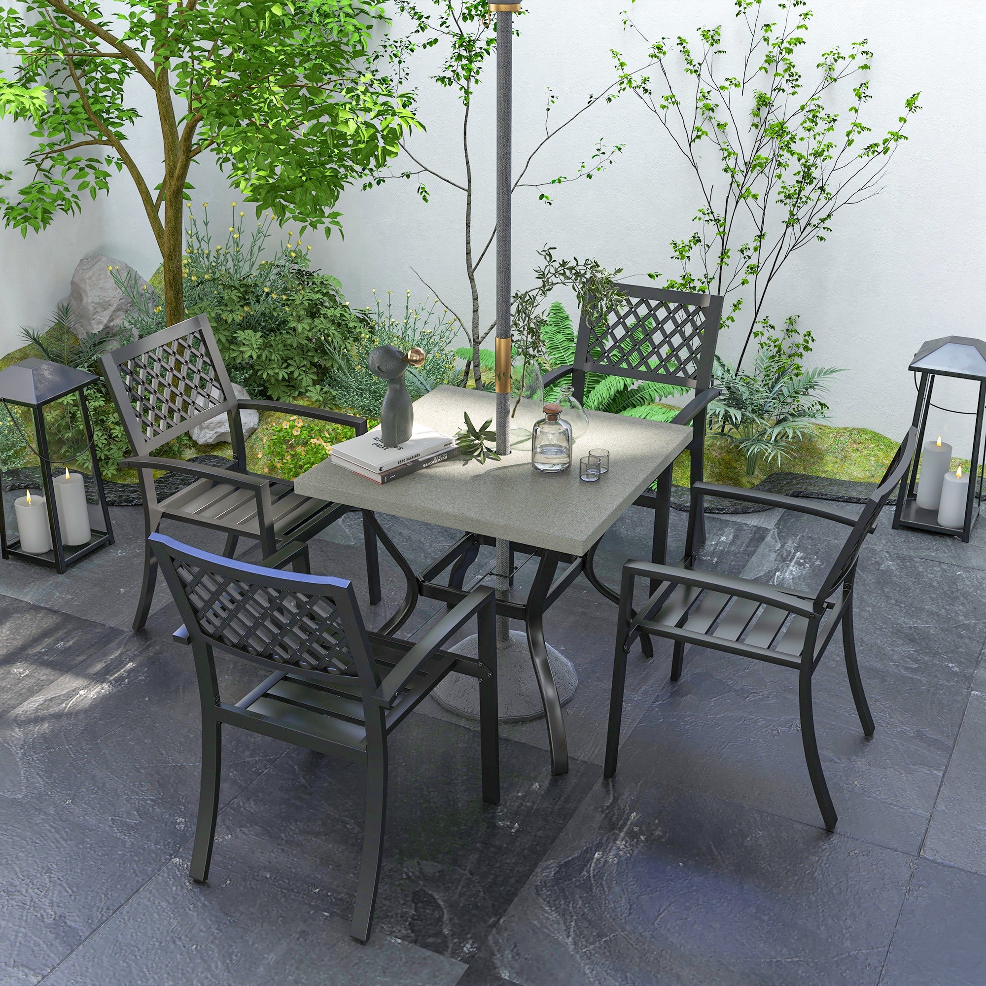 5-Piece Garden Set, Outdoor Set with 4 Stackable Garden Chairs and Square Marble Effect Table, Black