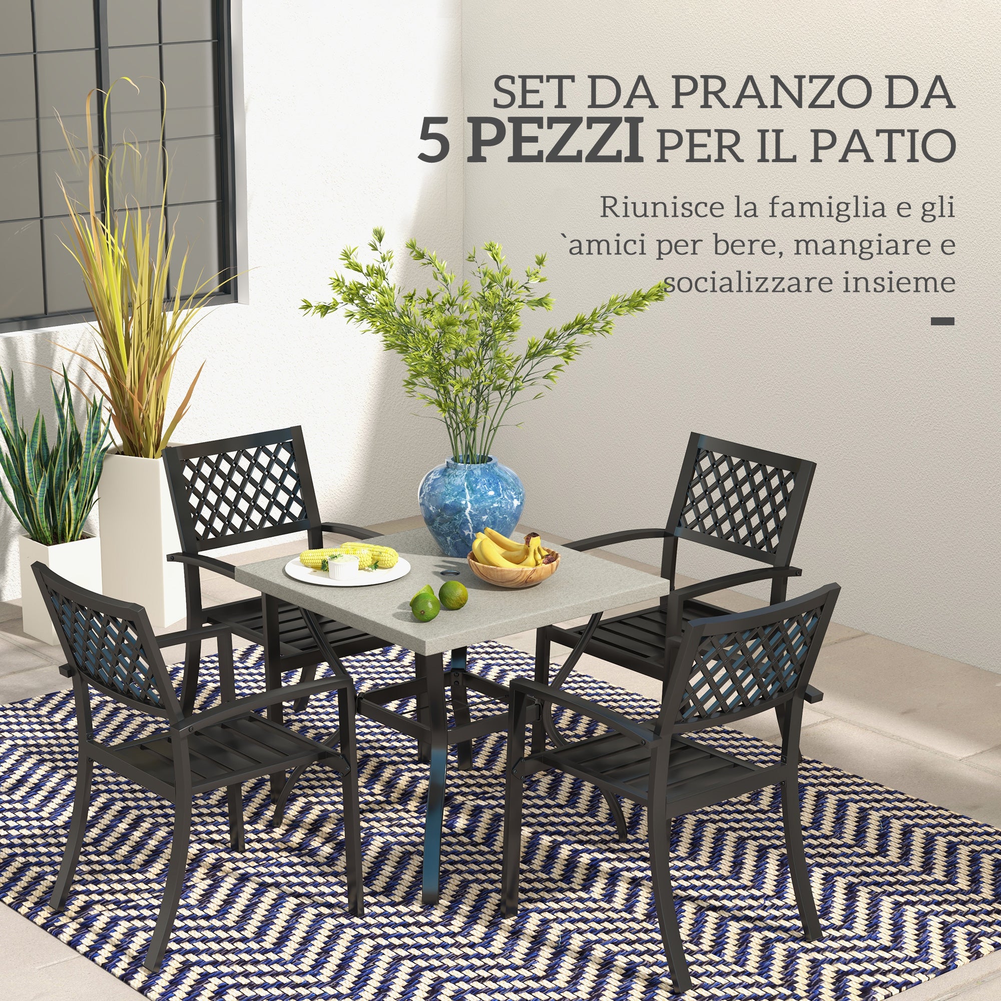 5-Piece Garden Set, Outdoor Set with 4 Stackable Garden Chairs and Square Marble Effect Table, Black
