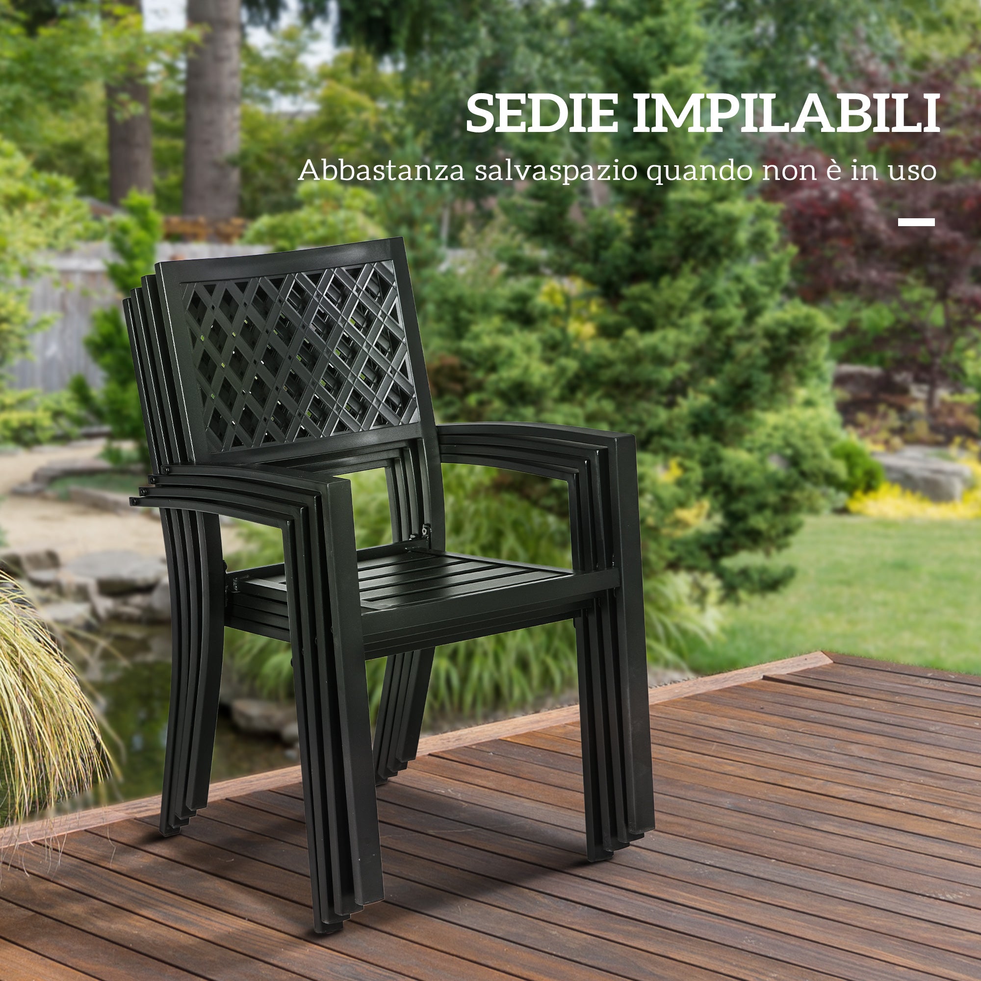 5-Piece Garden Set, Outdoor Set with 4 Stackable Garden Chairs and Square Marble Effect Table, Black