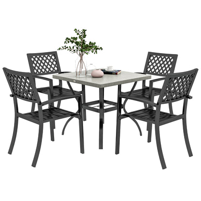 5-Piece Garden Set, Outdoor Set with 4 Stackable Garden Chairs and Square Marble Effect Table, Black