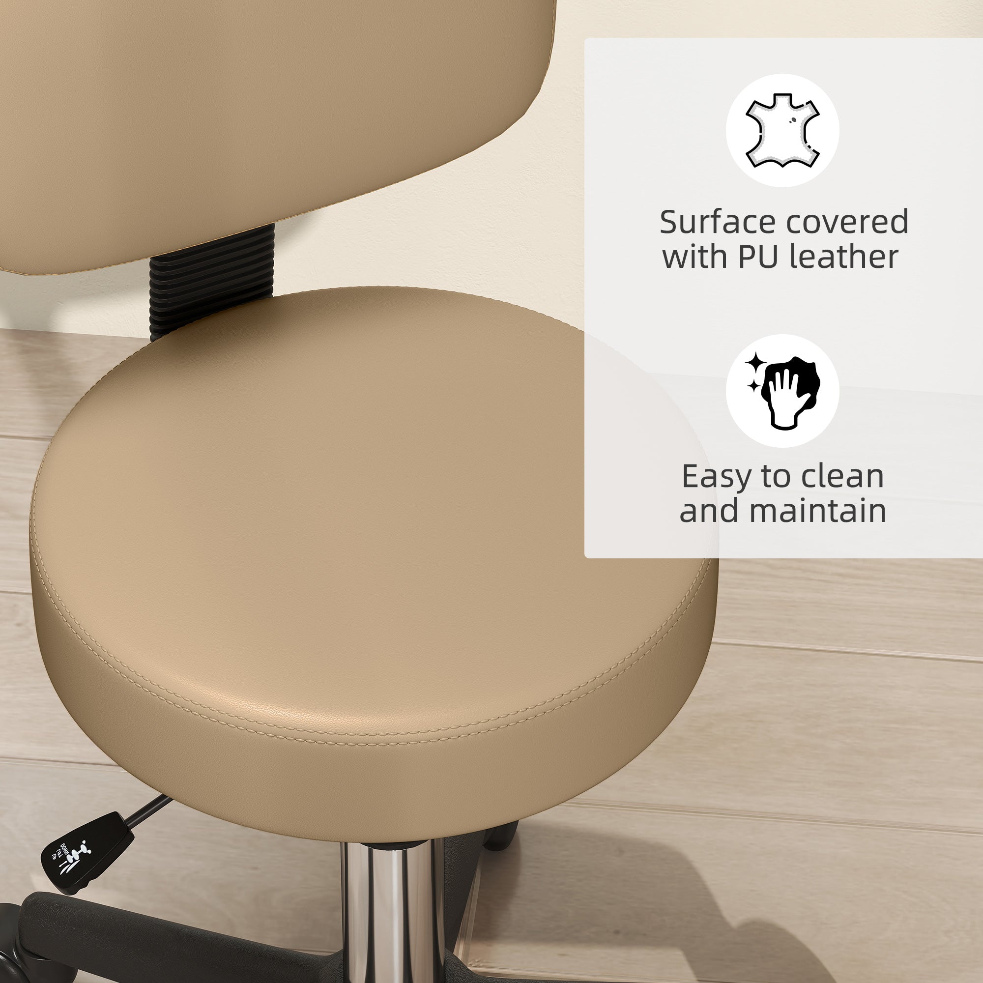 Rolling Stool with Backrest, Height Adjustable (72–84 cm / 28.3–33.1 in), 360° Swivel Office/Salon/Massage Stool – Light Brown