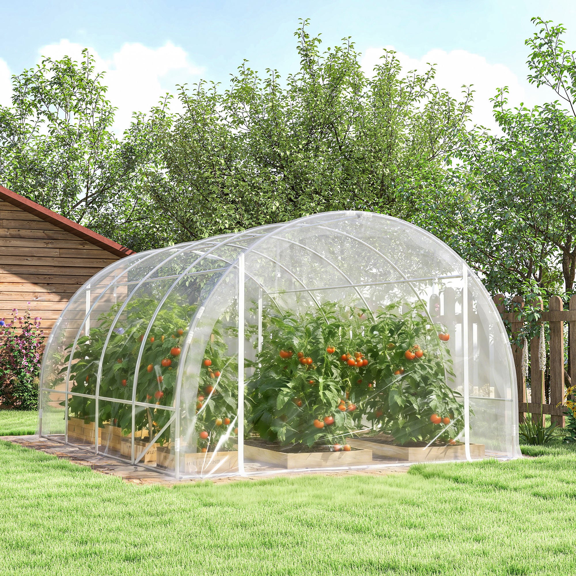 3×4×2 m Tunnel Garden Greenhouse with 2 Roll-Up Doors — Steel Frame, UV-Resistant PE Cover, 4 Diagonal Braces, Transparent