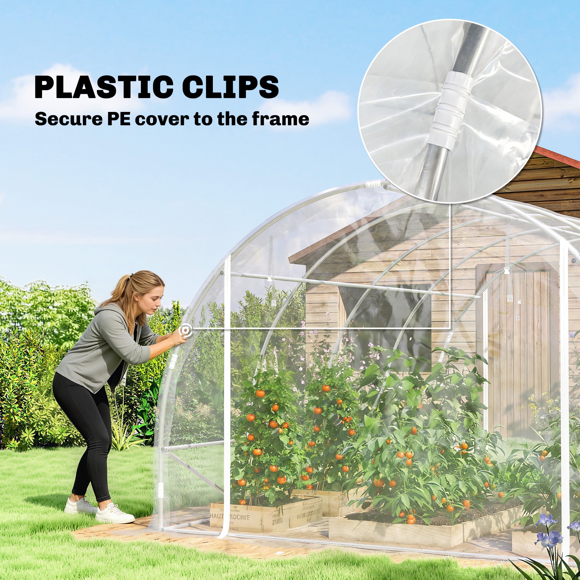 3×4×2 m Tunnel Garden Greenhouse with 2 Roll-Up Doors — Steel Frame, UV-Resistant PE Cover, 4 Diagonal Braces, Transparent