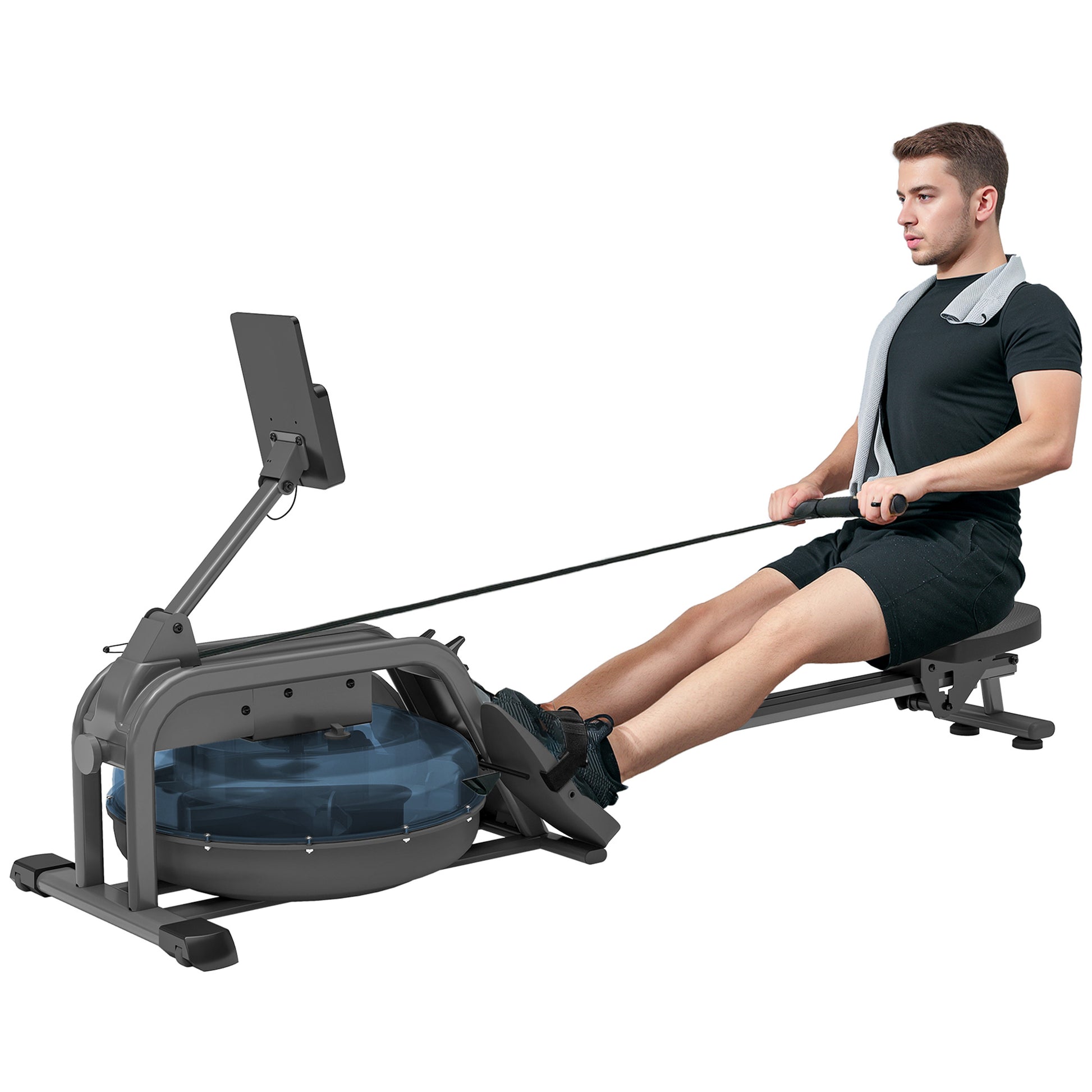 SPORTNOW Water Rowing Machine, Apartment Rowing Workout Machine, 6 Resistance Levels, LCD Display and Tablet Holder, Vertical Storage with Wheels, Max Load 135 kg, Steel
