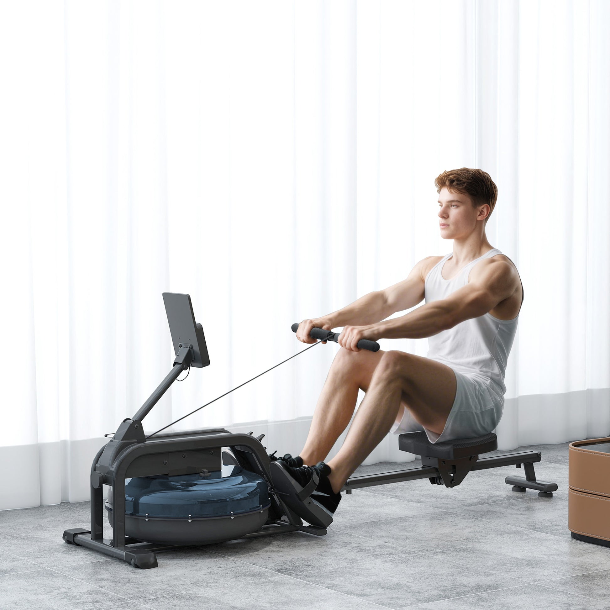 SPORTNOW Water Rowing Machine, Apartment Rowing Workout Machine, 6 Resistance Levels, LCD Display and Tablet Holder, Vertical Storage with Wheels, Max Load 135 kg, Steel