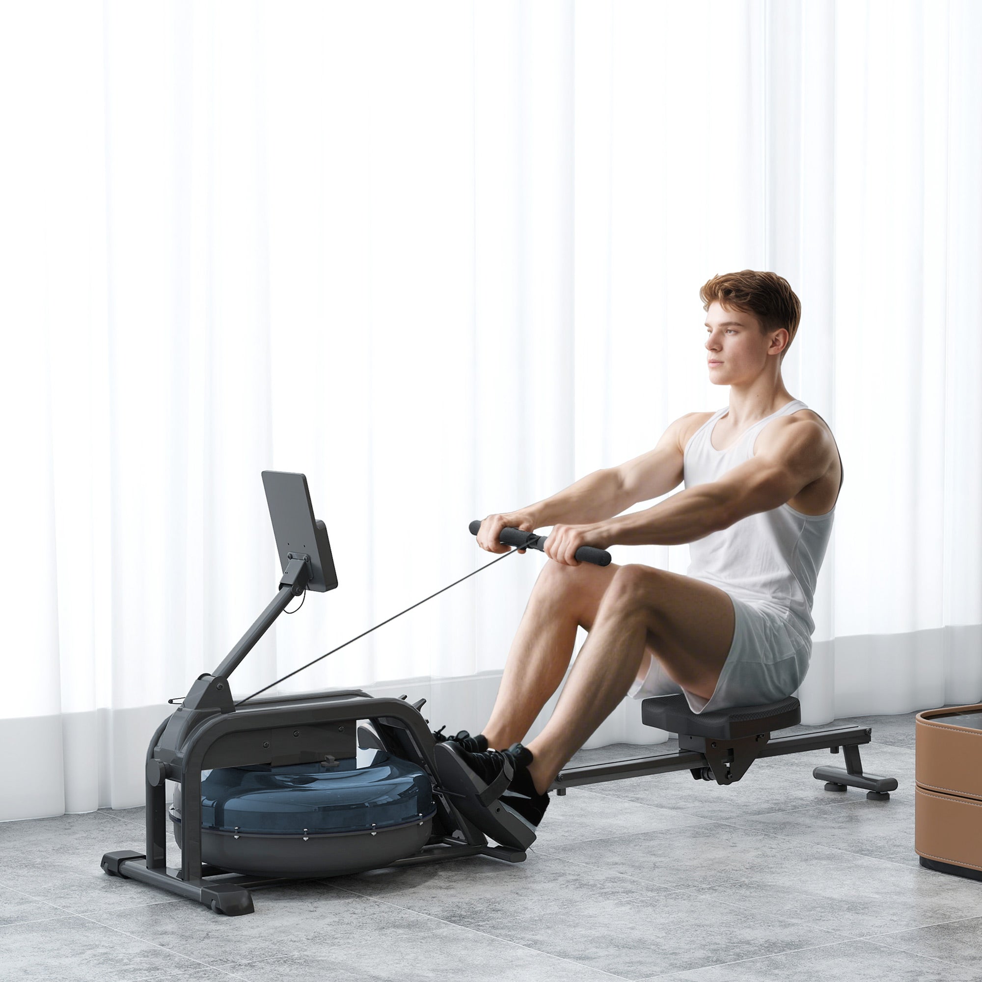 SPORTNOW Water Rowing Machine, Apartment Rowing Workout Machine, 6 Resistance Levels, LCD Display and Tablet Holder, Vertical Storage with Wheels, Max Load 135 kg, Steel